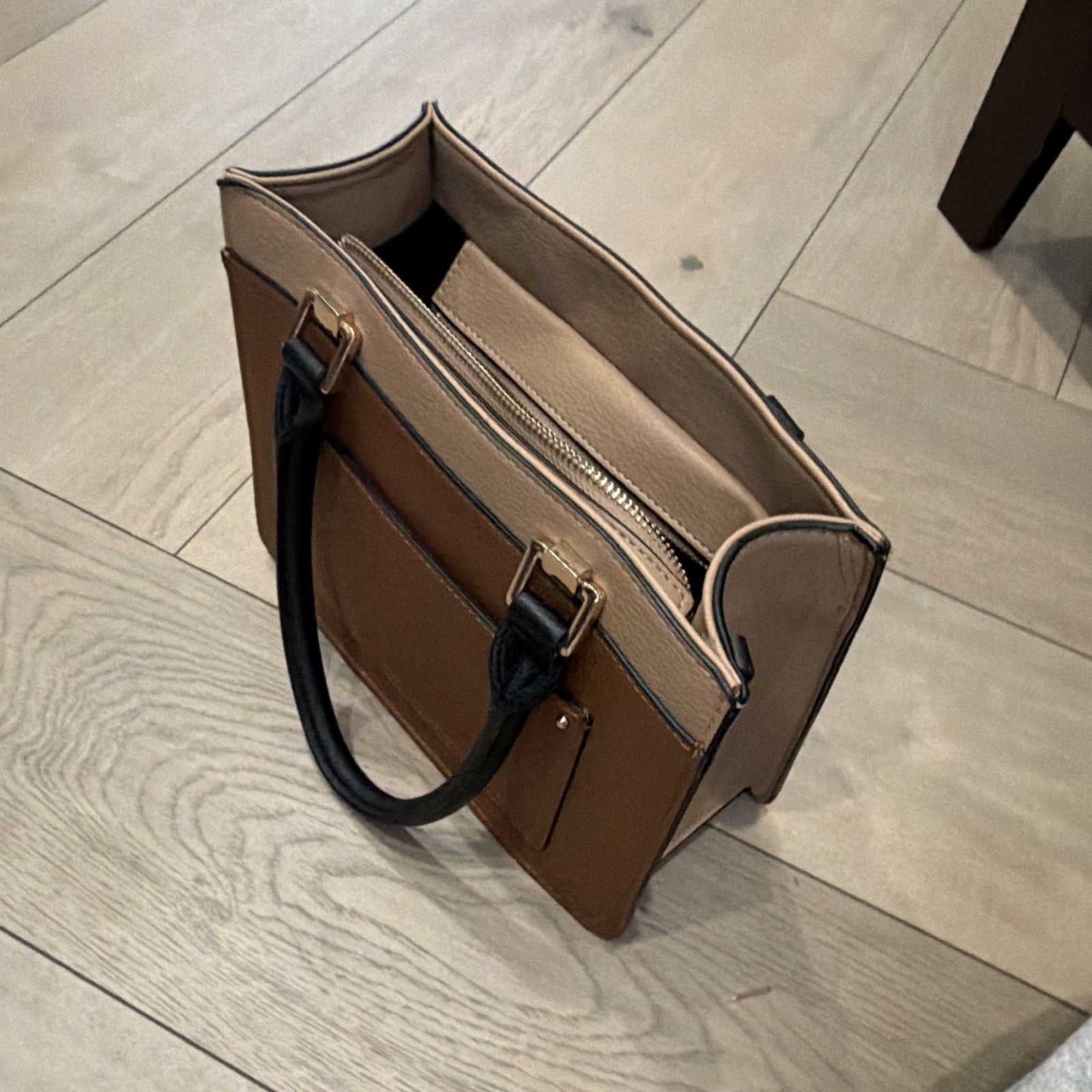 Women’s Brown Pebbled Satchel Top Handle Bag, Zip Closure, Gold Hardware