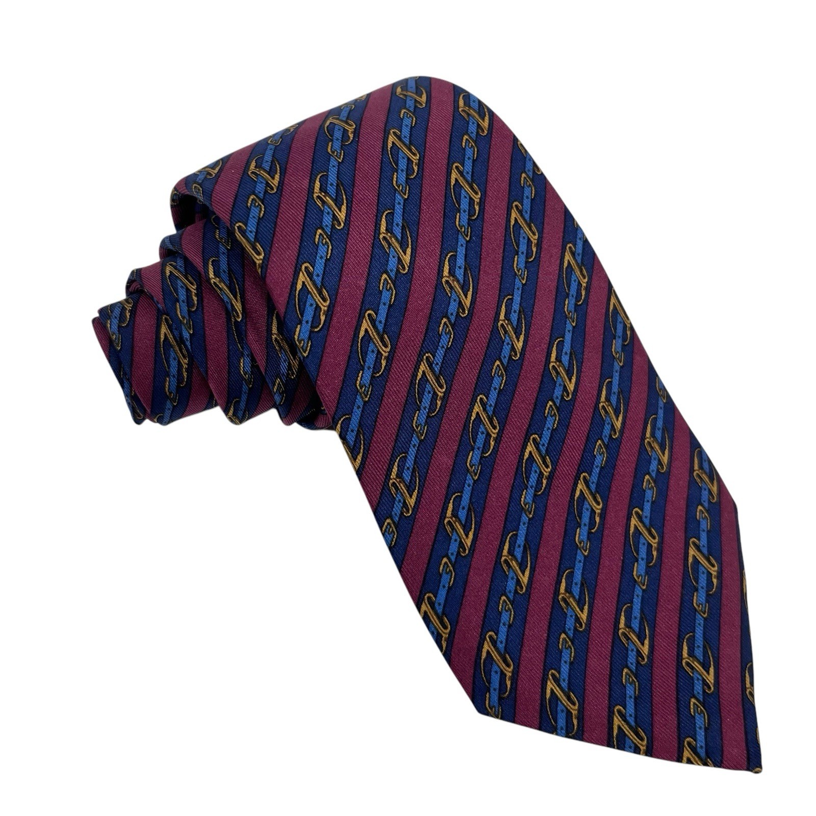 Hermes Men’s Tie Equestrian Belts Burgundy/Navy Silk 950 IA 3 1/8″ (W) 55.5″ (L)