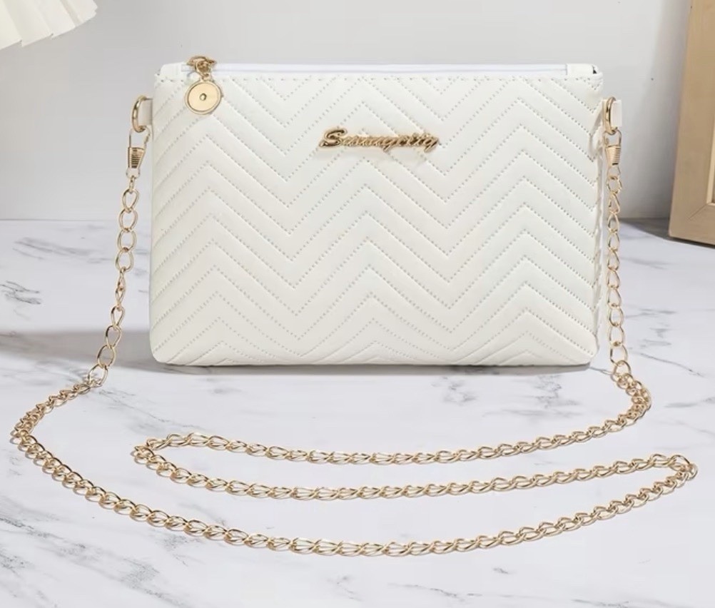 Women’s Beige Quilted Chevron Crossbody Bag, Gold Chain Strap, Zip, Lined