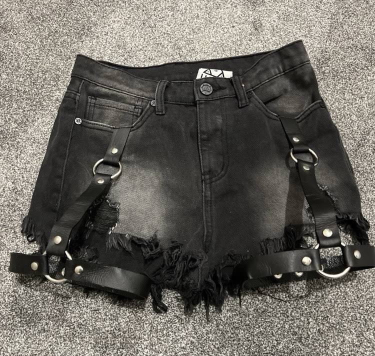 UNIF Harness Black Denim Jean Shorts Women’s 24 XS Garter Straps **Rare Find