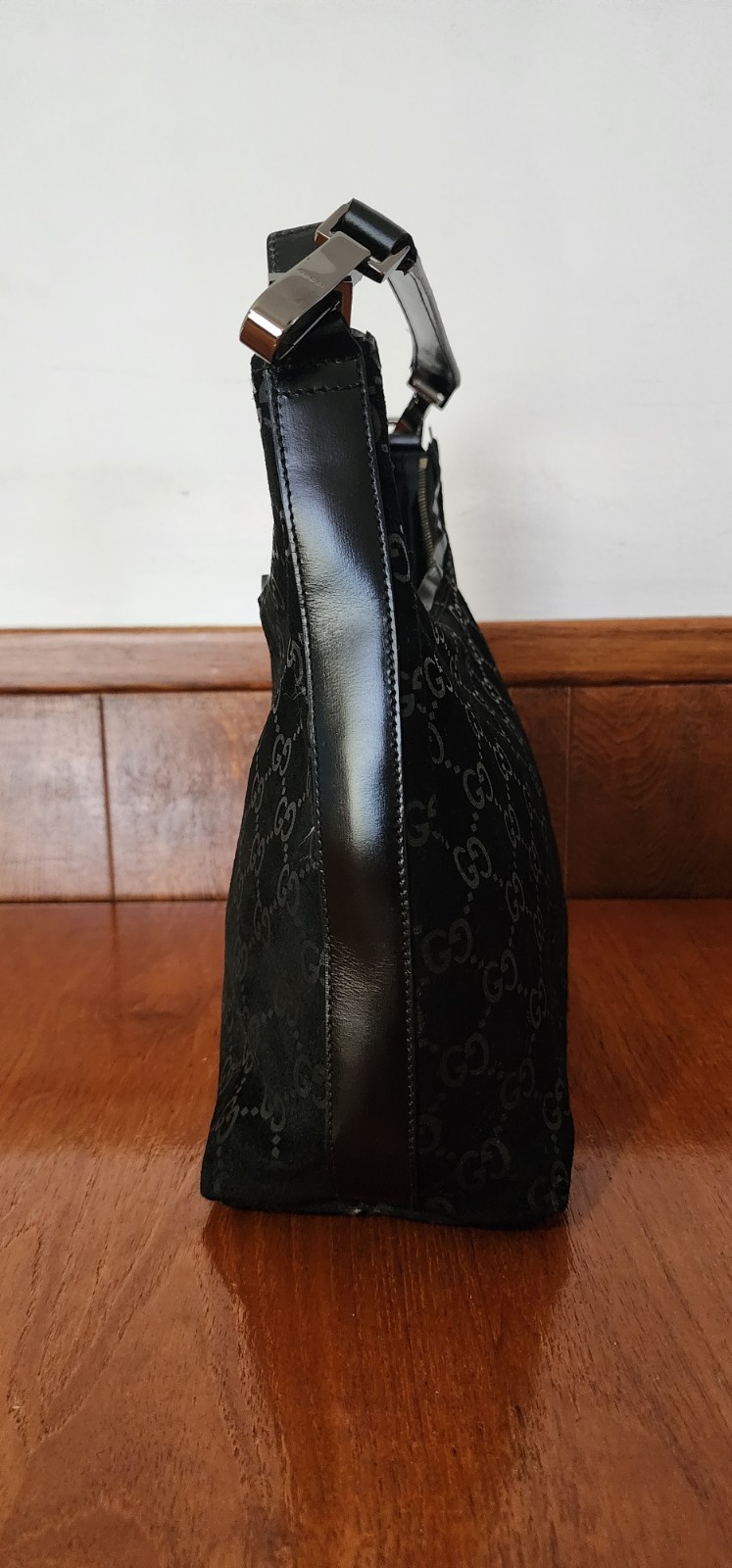 VTG Gucci Black Suede GG Monogram Hobo Bag Tom Ford Era Engraved Metal Hardware