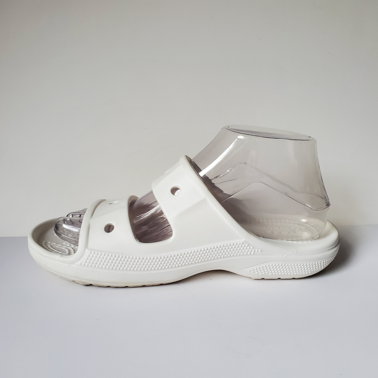 Crocs Baya Slide Sandals Unisex Women 7 Men 5 Spellout Slip-On White Two 2 Strap