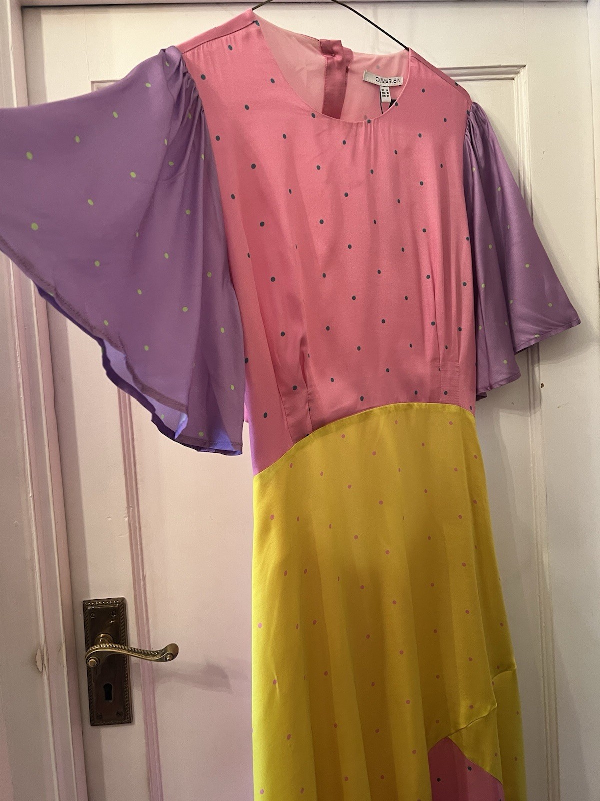 New Olivia Rubin Fleur Polka Dot Silk Mix Satin Print Midi Dress,UK 14