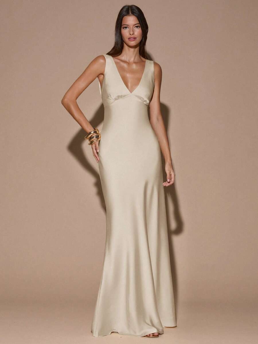 Elegant Satin Maxi Dress Deep V Neck Criss Cross Backless Mermaid Wedding