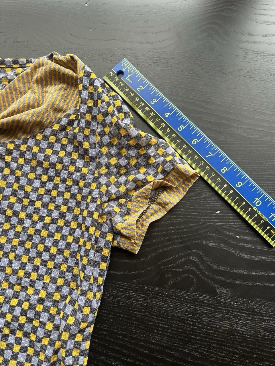 Quirky Vintage Size L Yellow & Black Mixed Pattern Cowl Neck Button Textured Top