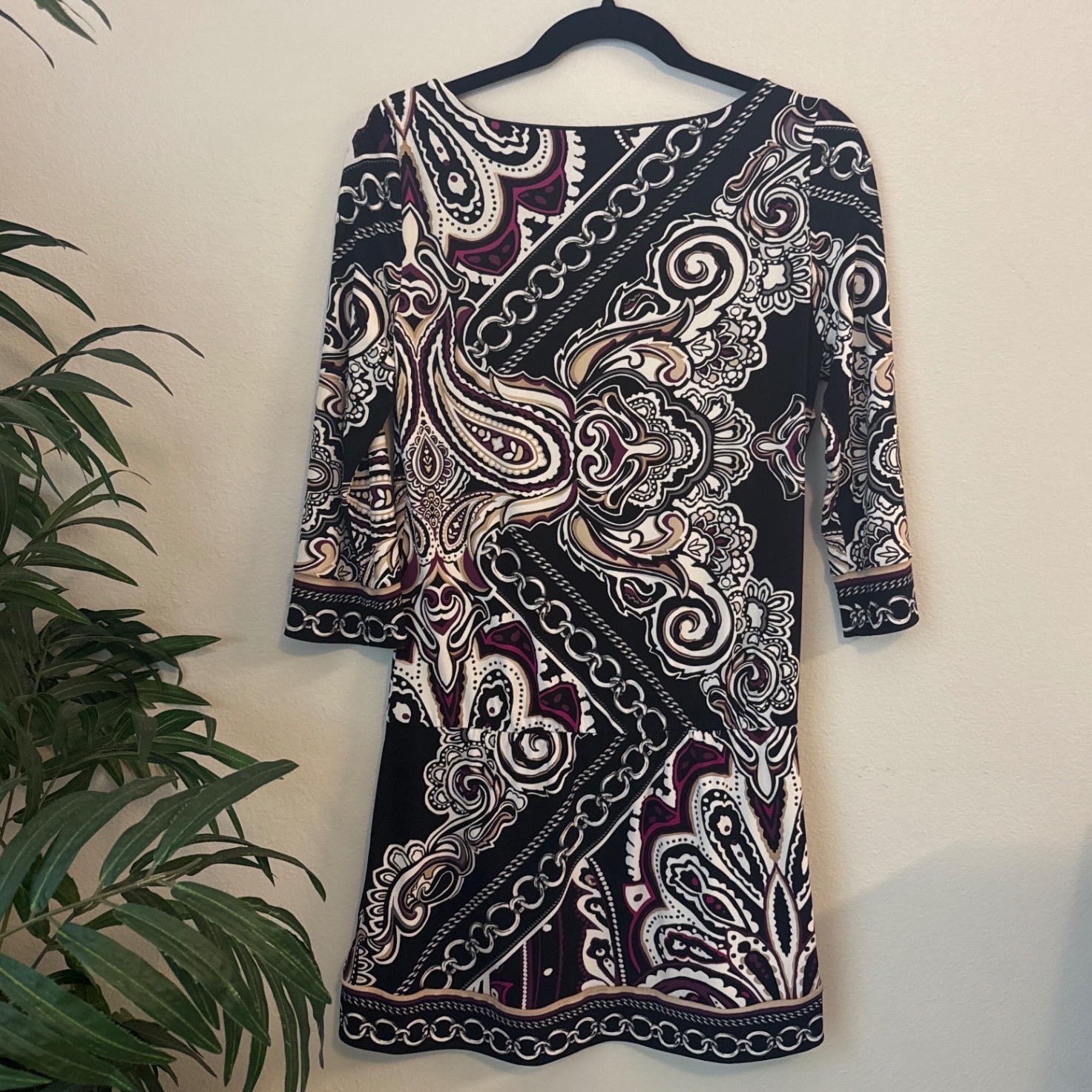 White House Black Market Paisley Chain Print 3/4 Sleeve Sheath Dress Small Black