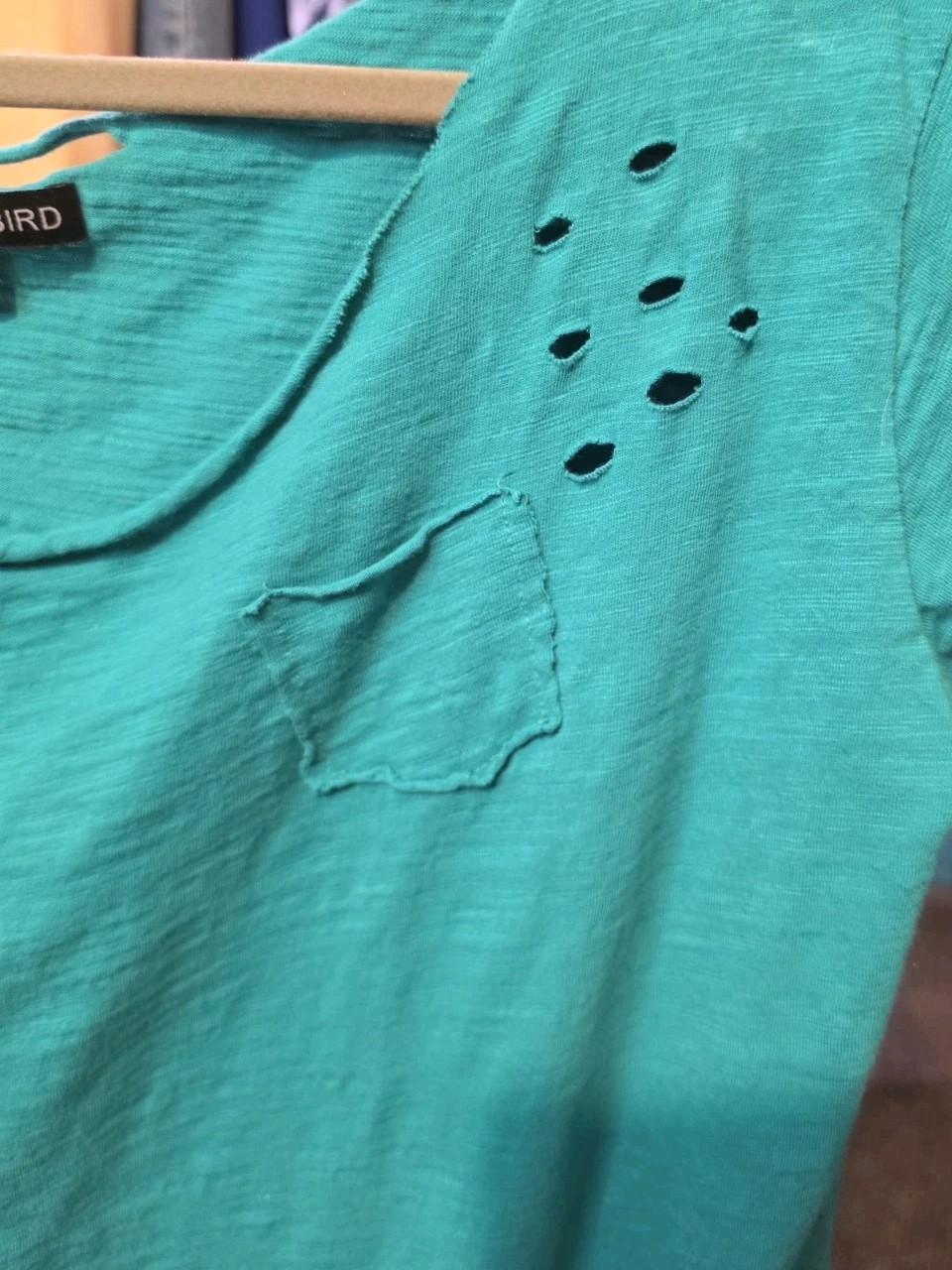 A Rare Bird Womens Turquoise Distressed Ripped T-Shirt Size L/XL NWOT