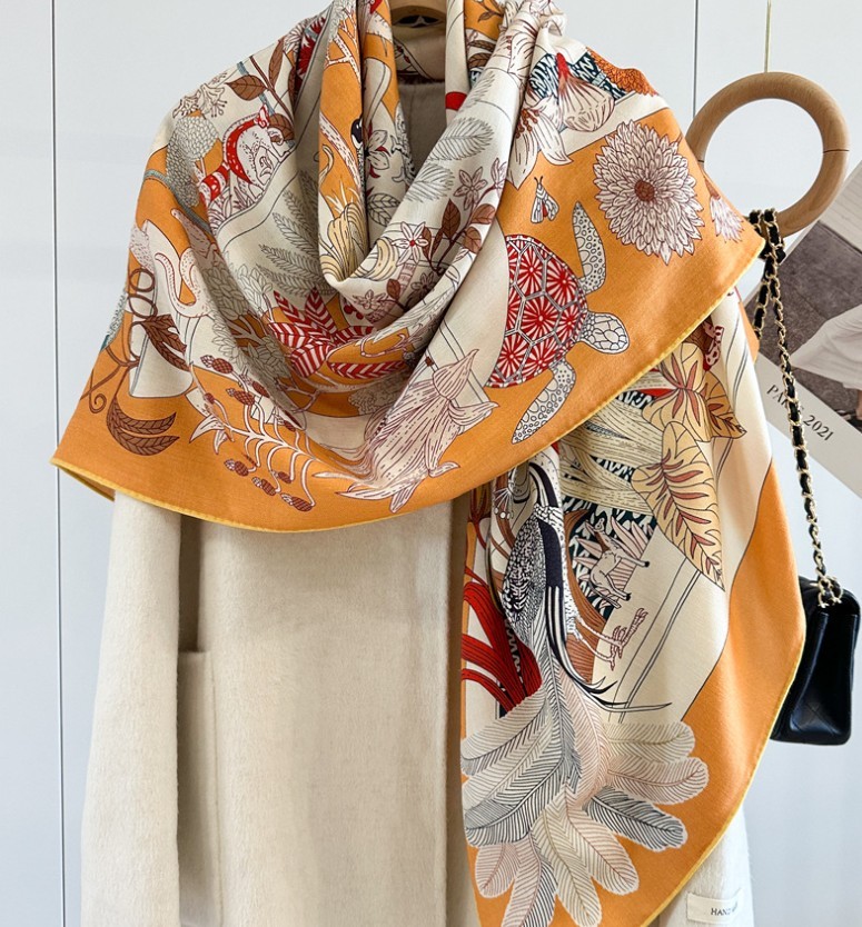 Double Face 70% Cashmere 30% Silk Scarf Square Shawl 53″ Orange Large Wrap
