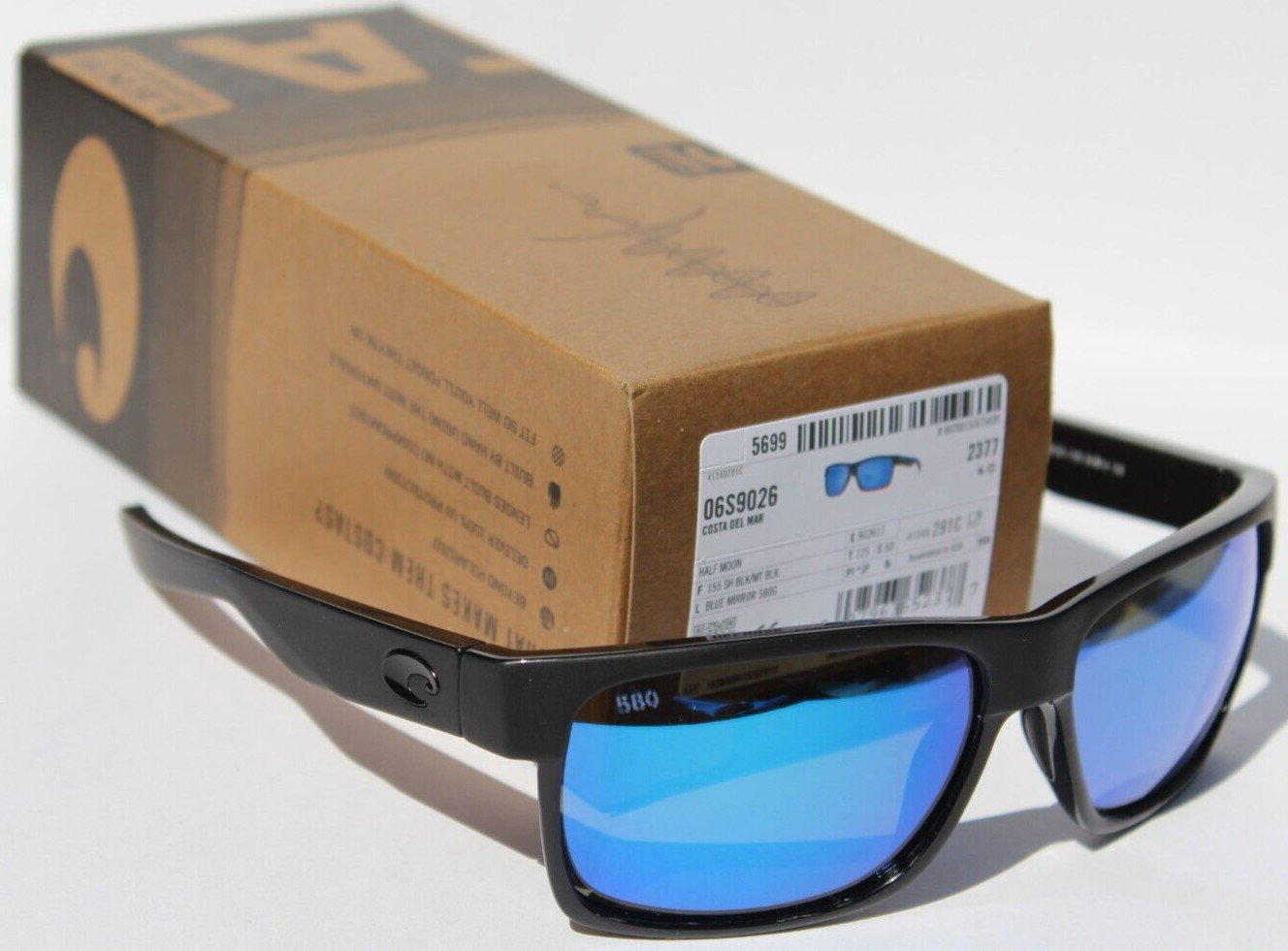COSTA DEL MAR Half Moon 580G POLARIZED Sunglasses Black/Blue Mirror 580 NEW