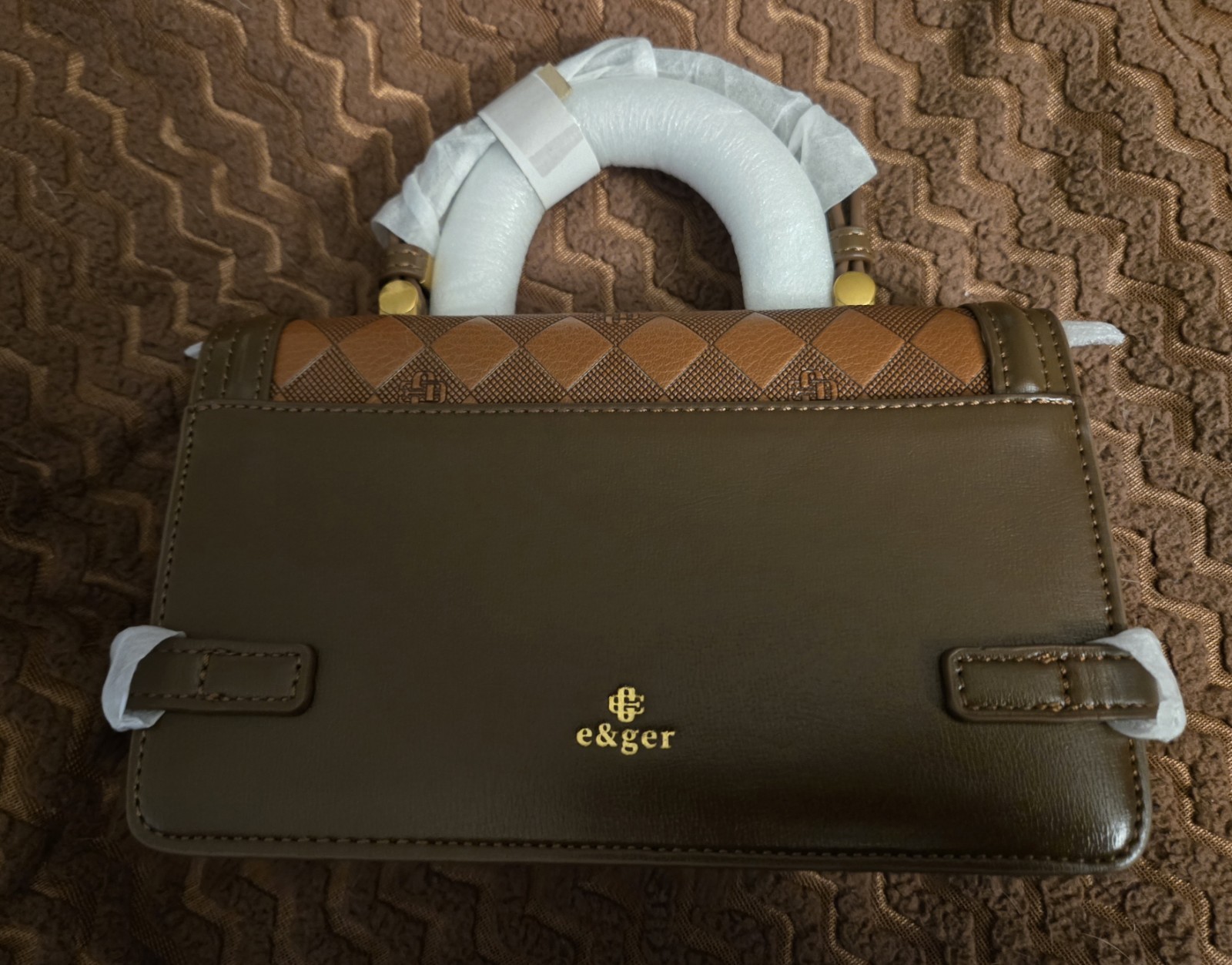 e&ger Brown Checkered Top Handle Bag Gold Hardware Buckle Accent Small