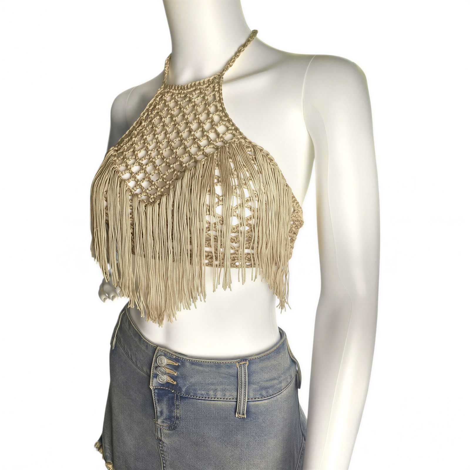 Handmade Crochet Halter Top Gold Small Fringe Boho Festival Sleeveless
