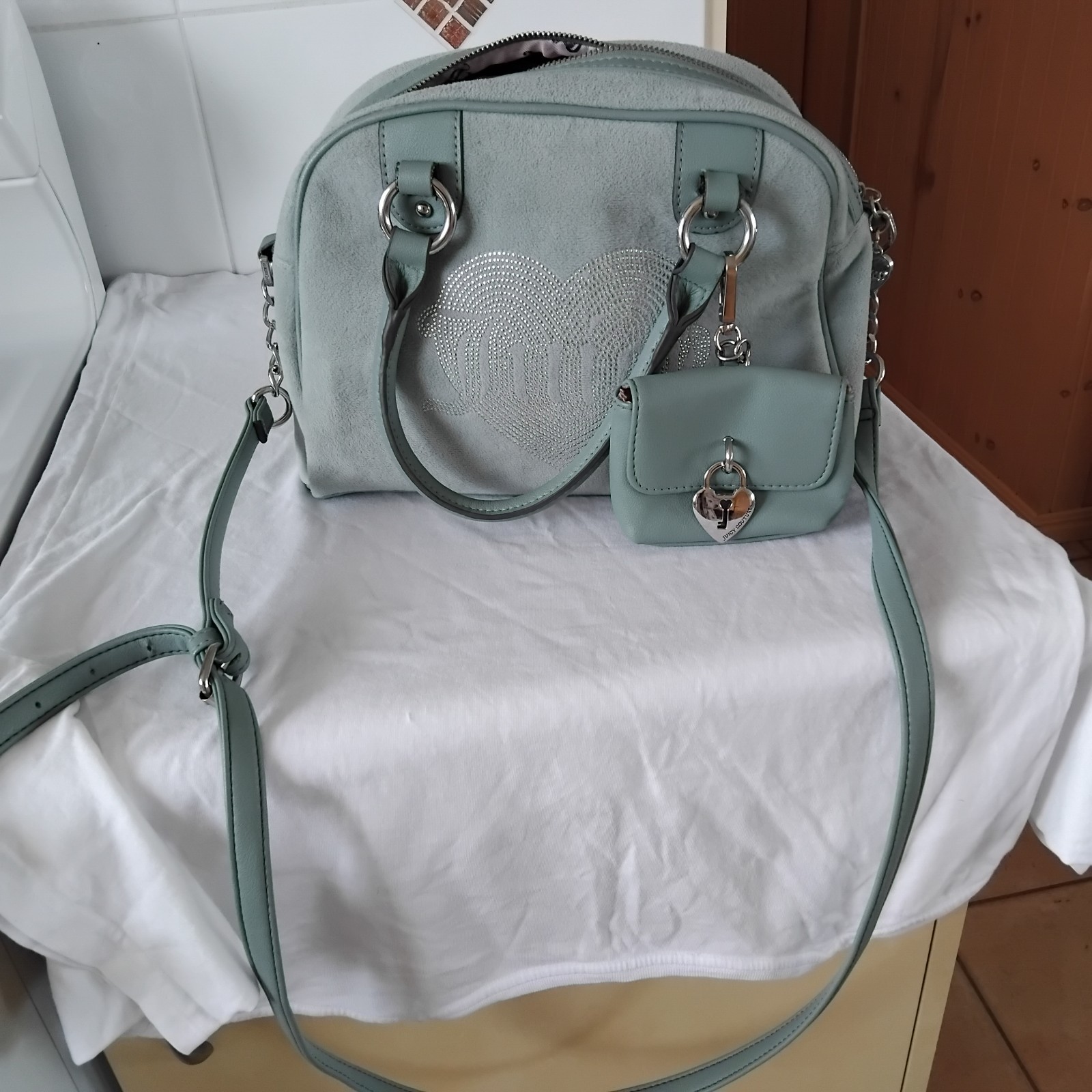 Juicy Couture Green Faux Leather Zip Satchel Rhinestone Logo Strap Charm