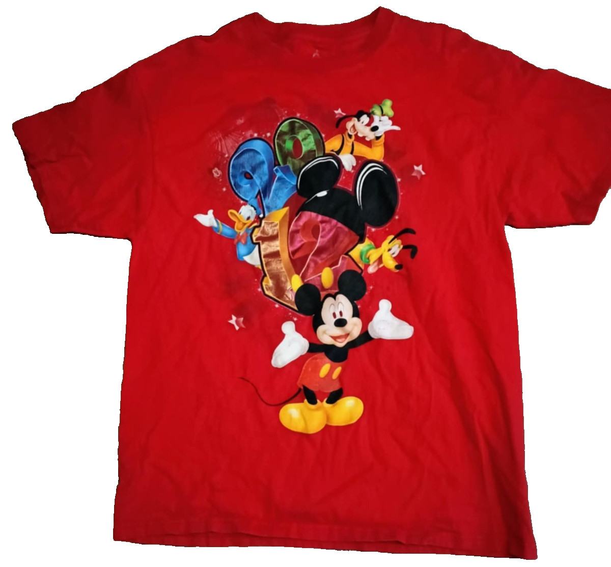 Disney 2012 Mickey Mouse Graphic T-Shirt Tee Mens Large Red Solid Short Sleeve