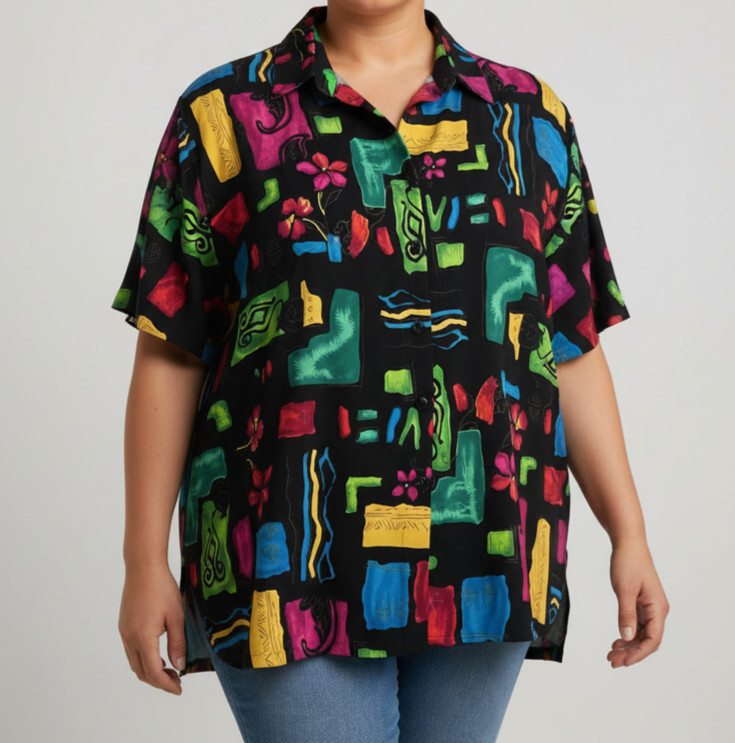 Colorful Abstract Print Top Womens 4X Button Front Vintage 90s Art Teacher Retro