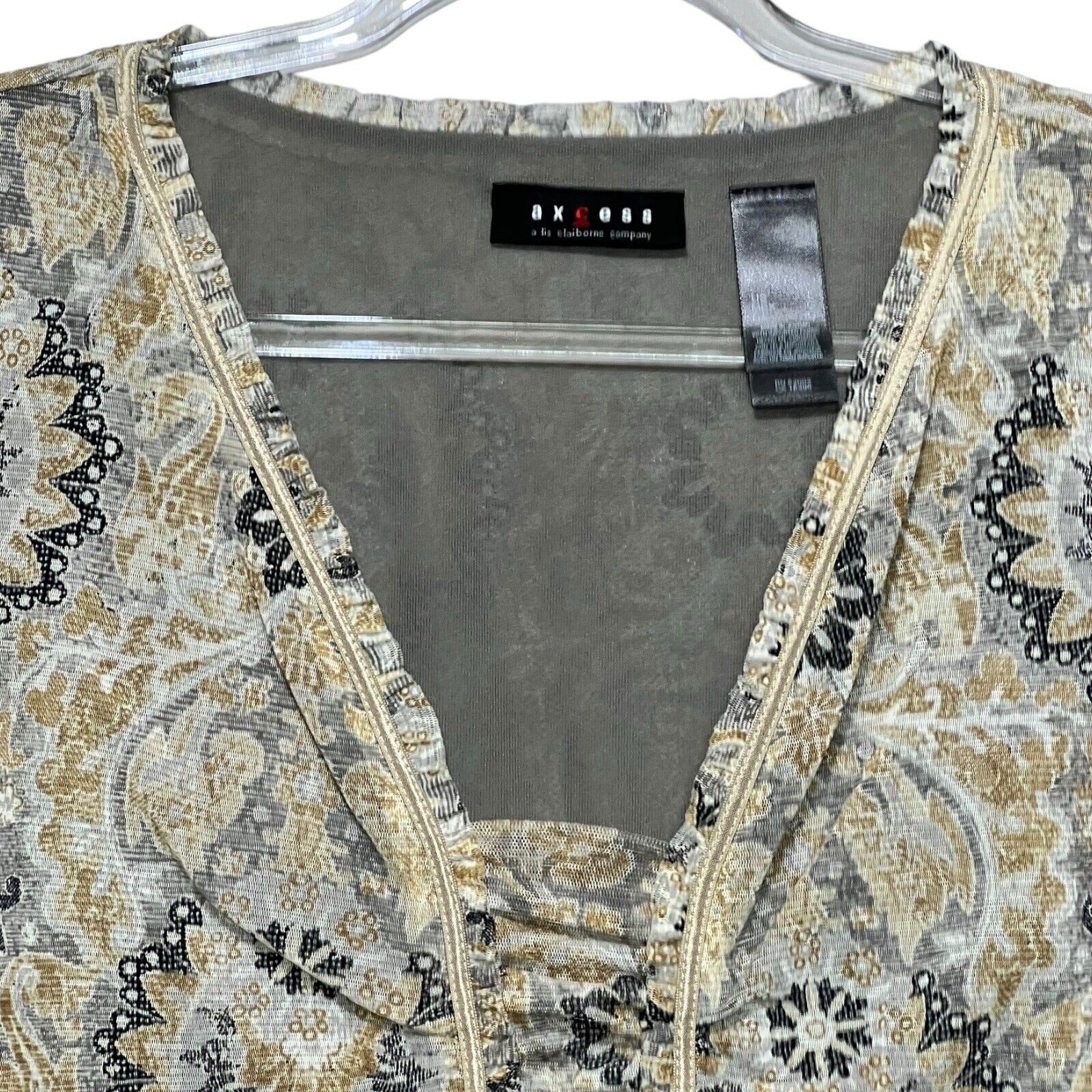 VTG Y2K Axcess Mesh Nylon Ruffle Edge V Neck Long Sleeve Boho Mandala Top Rouged