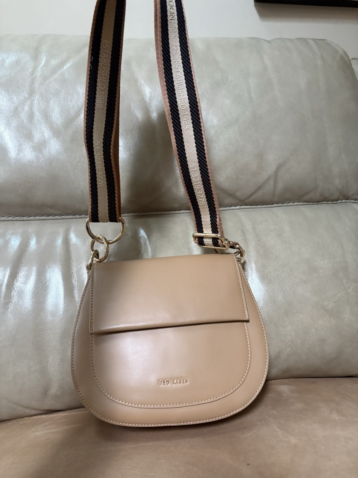 TED BAKER Beige Semi-Circle Crossbody Bag Gold Hardware Magnetic, Pockets