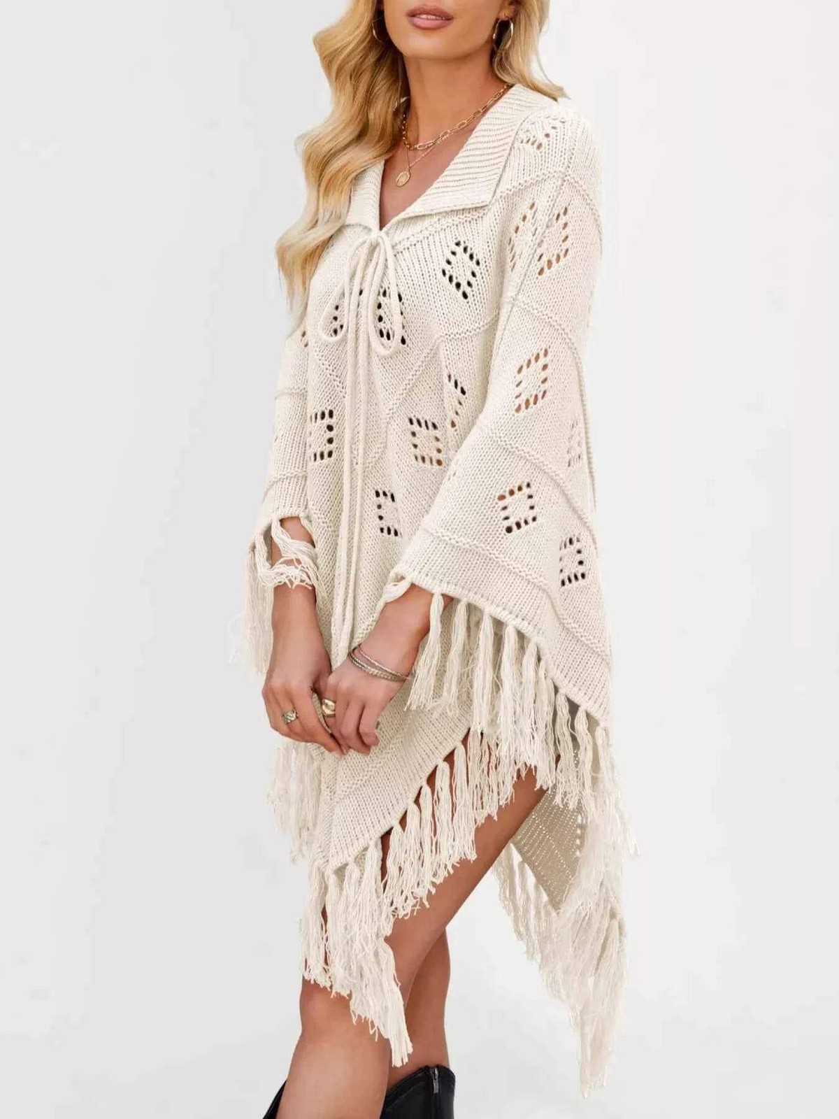 Women’s Fringe Tassel Tie Openwork Knit Boho Beach Cover Up Multi Colors S-XL