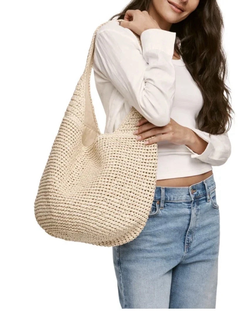 Banana Republic Beige Woven Tote Shoulder Bag Magnetic Closure Lined Pockets
