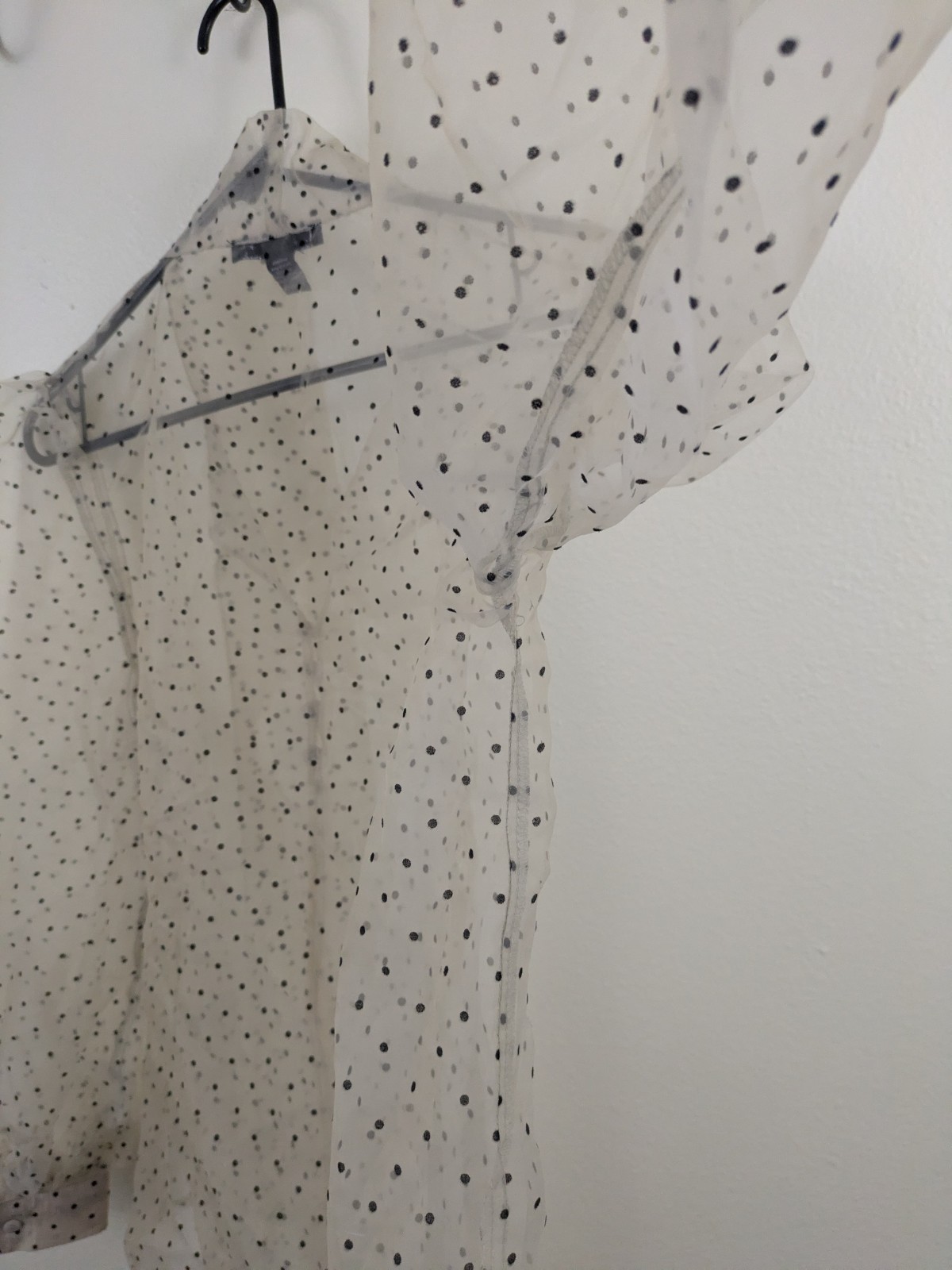 Sheer Black Polka Dot Puff Sleeve Tie Neck Xl Top Love And Design Brand