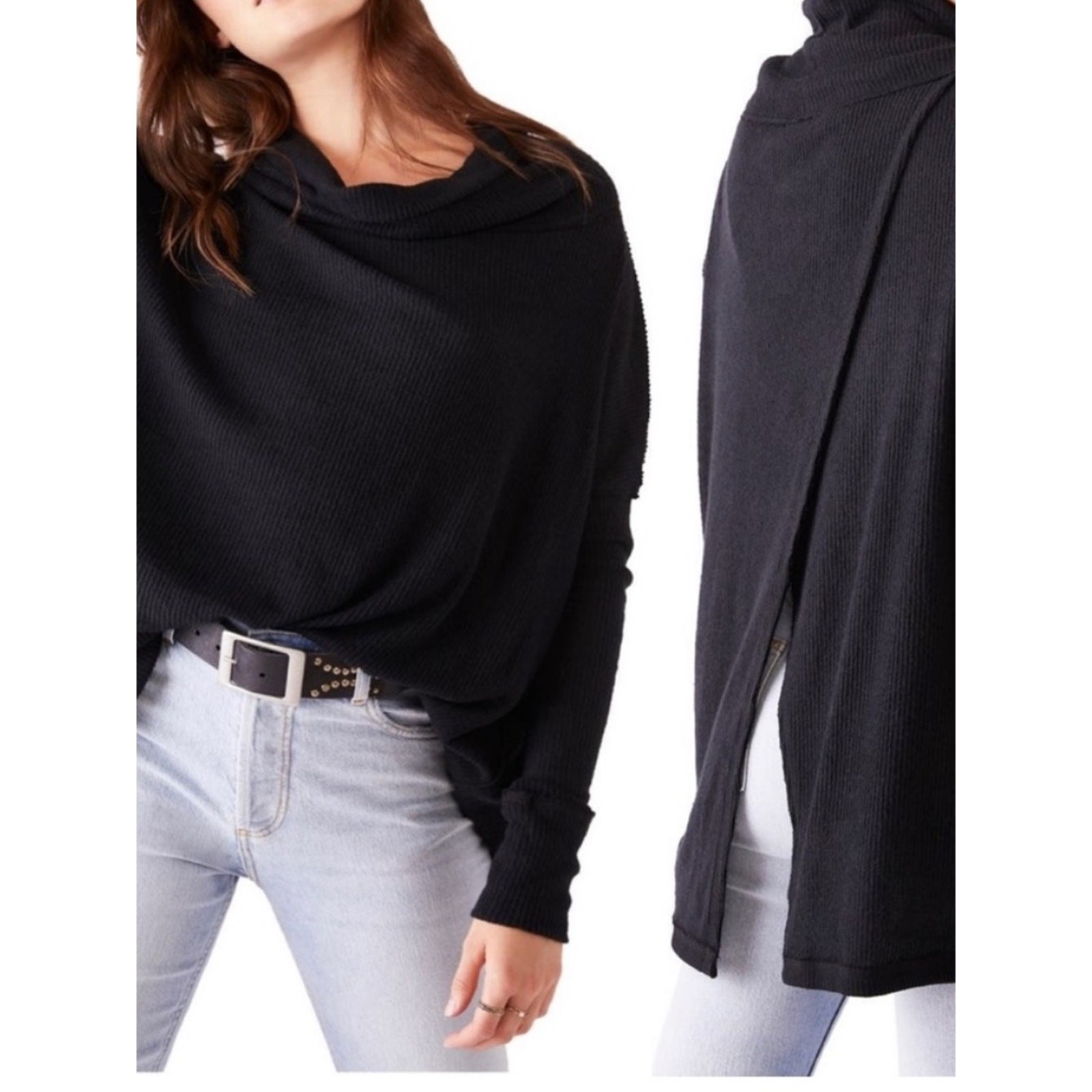 Free People Juicy Thermal Top Date Night Black Cowl Neck Oversized M