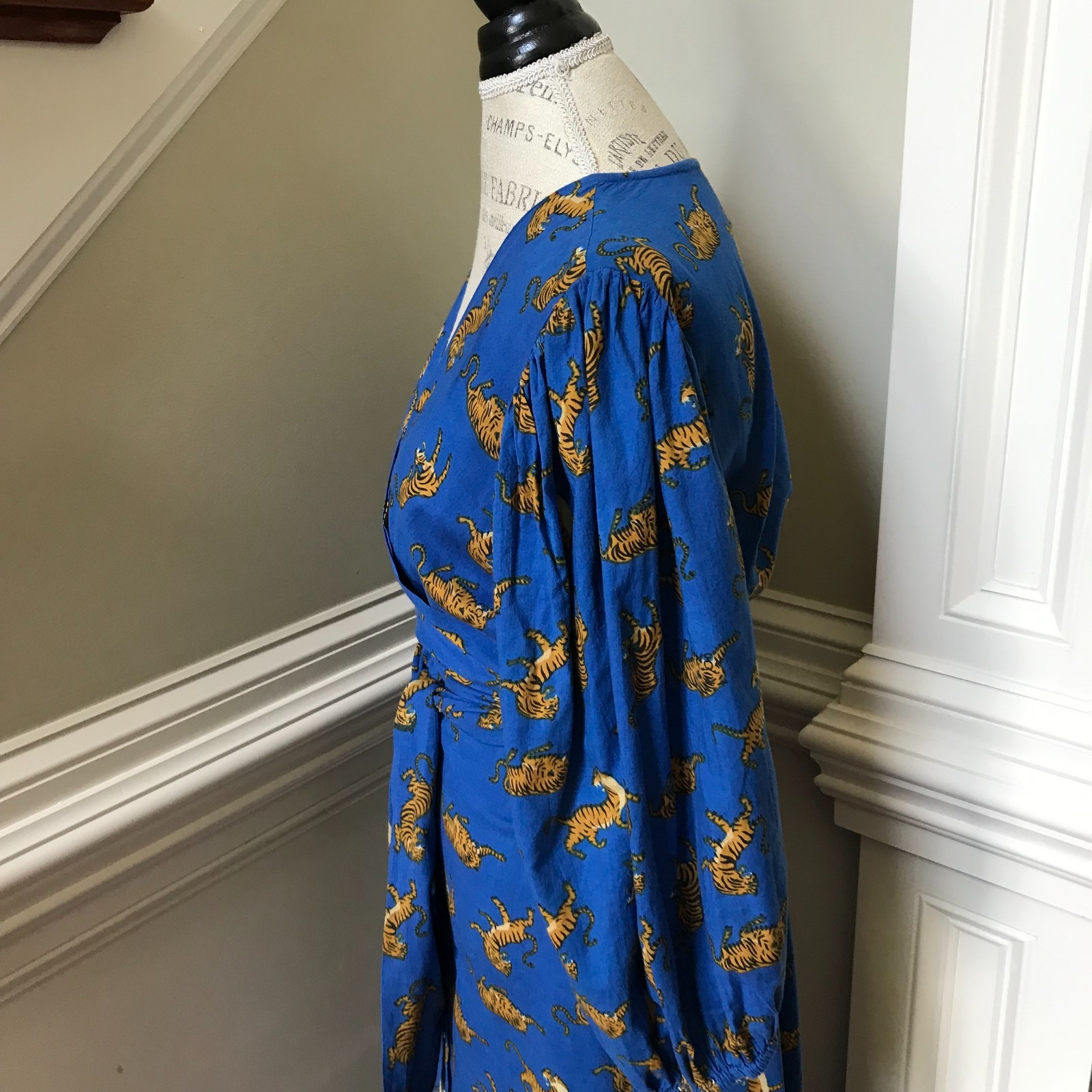 Guadalupe Monica Jungle Tiger Wrap Maxi Dress Womens Medium Blue V-Neck Cotton