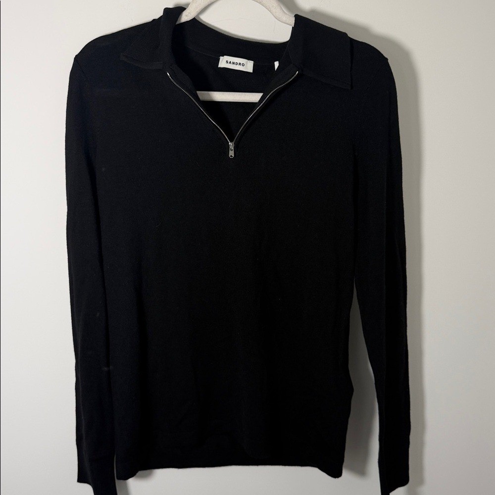 Sandro Black Quarter-Zip WOOL men’s SWEATER WITH ZIPPED COLLAR