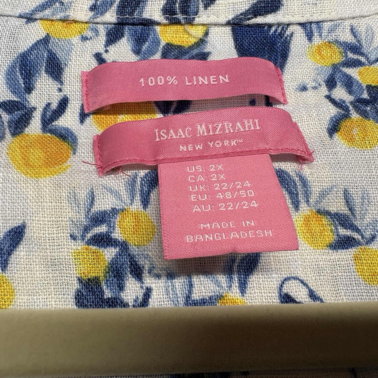 Isaac Mizrahi Size 2X 100% Linen Blouse Blue Yellow Bird Floral Roll Tab Sleeve