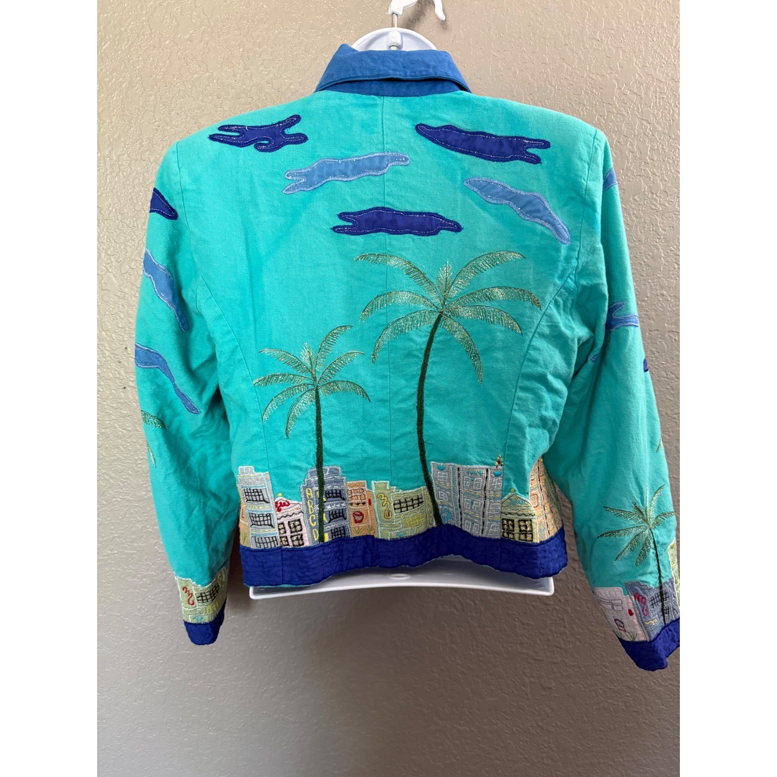 VTG Anage Jacket S Teal Palm Tree Cityscape Applique Travel Novelty Art To Wear