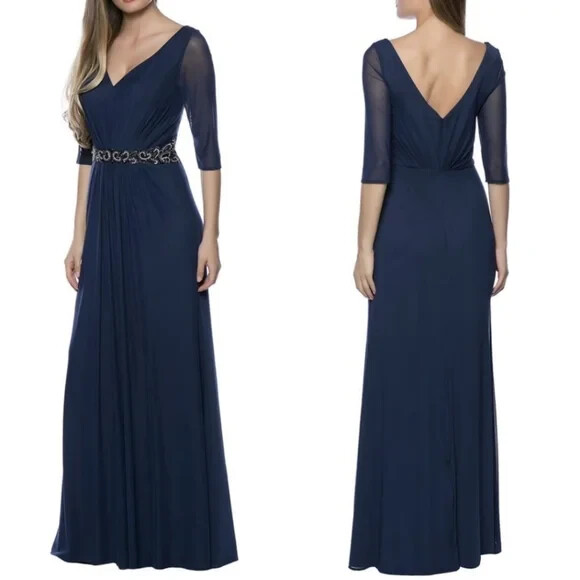 Marina Navy Blue Elbow Length Beaded Waist A-Line Maxi Gown Size 6 $179