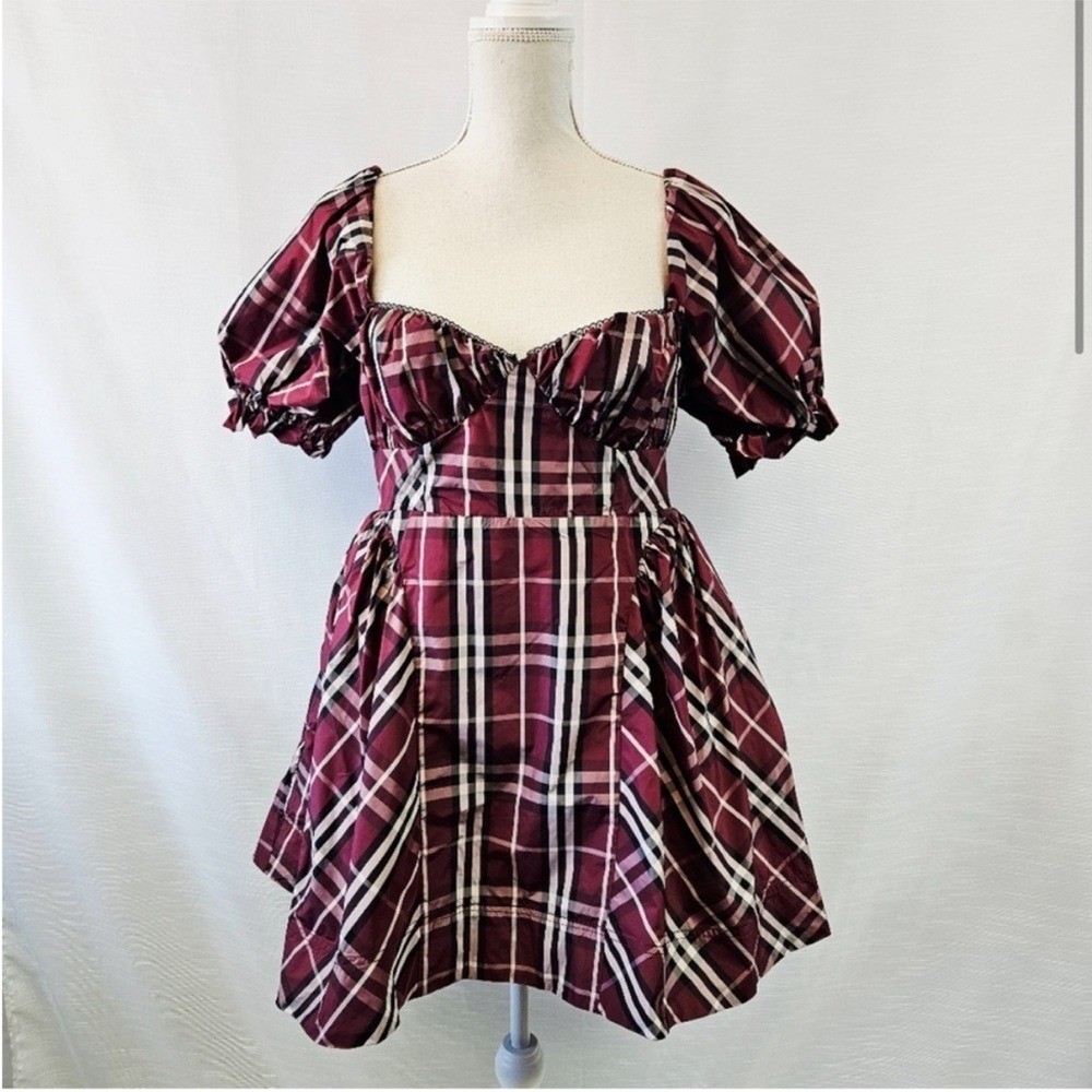 New Anthropologie Maeve Maroon Plaid Tartan Buffalo Holiday Winter Mini Dress L