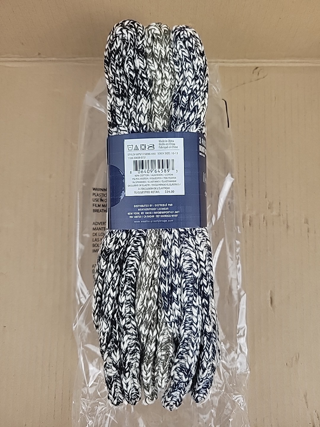 Original Weatherproof Vintage 3 Pack Boot Crew Socks, Blue, Grey, Black, 10-13
