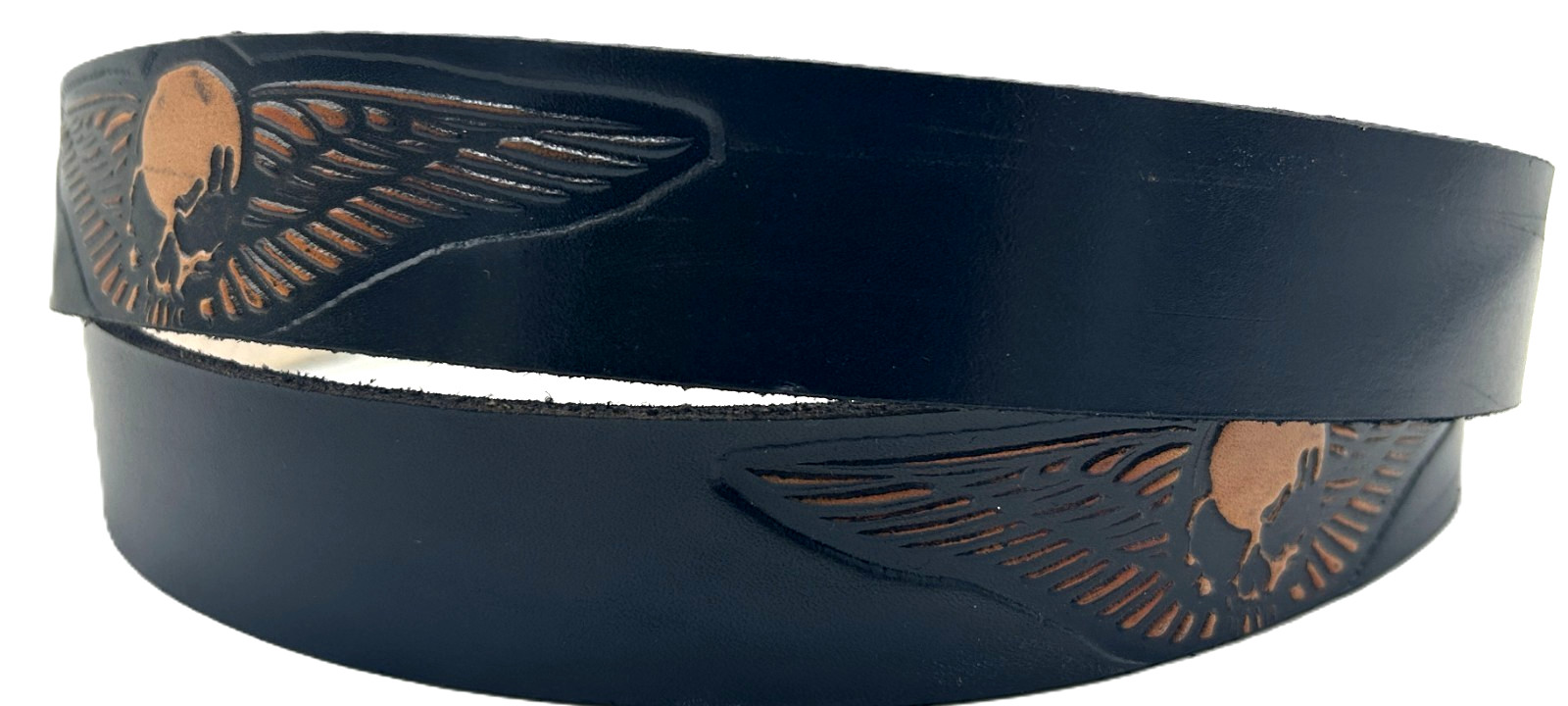 SKULL WINGS EMBOSSED MOTORCYCLE COWHIDE BLACK LEATHER BELT SIZE 26-48 USA MADE