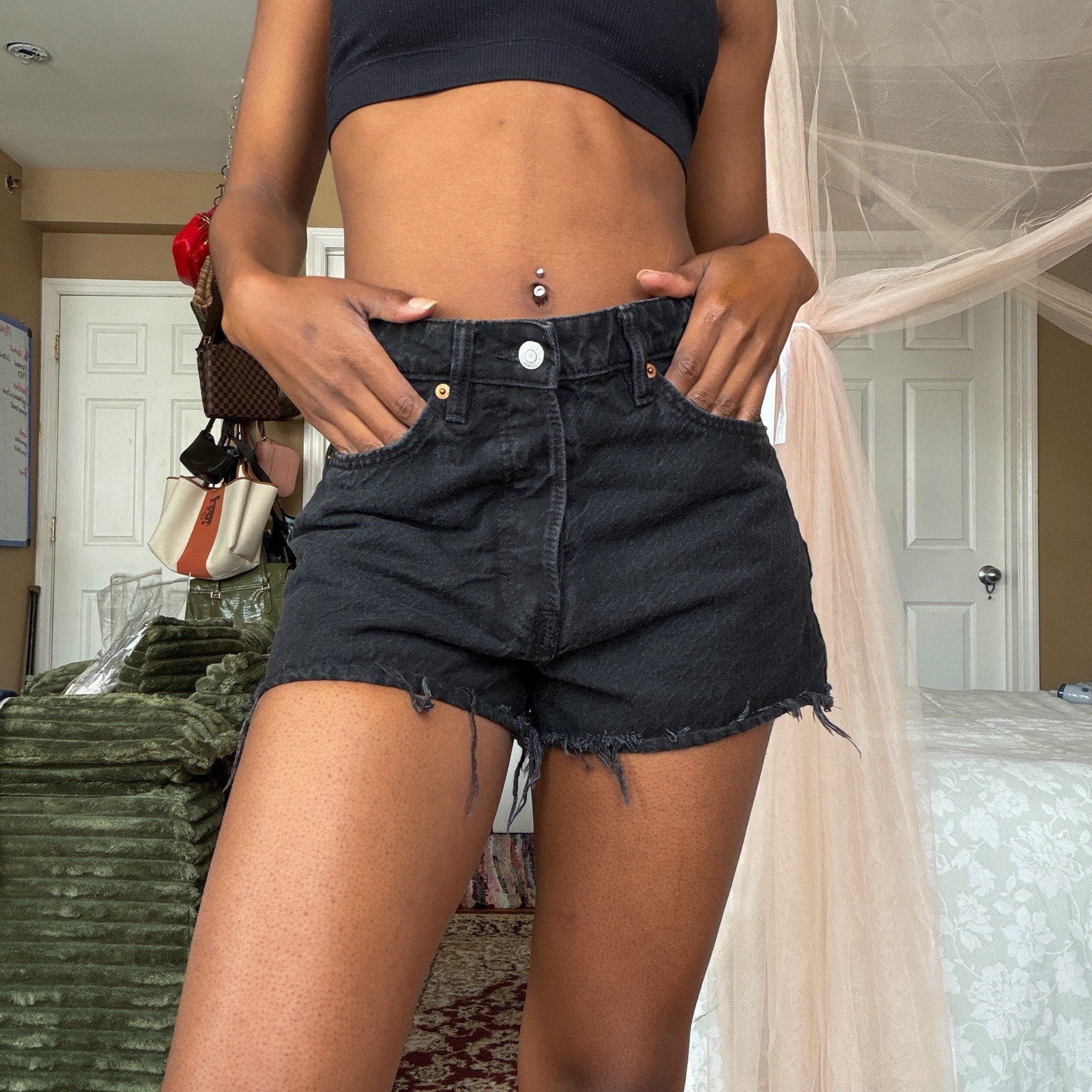 &Denim Women’s Black Cutoff Denim Shorts (Size 6) High Waist