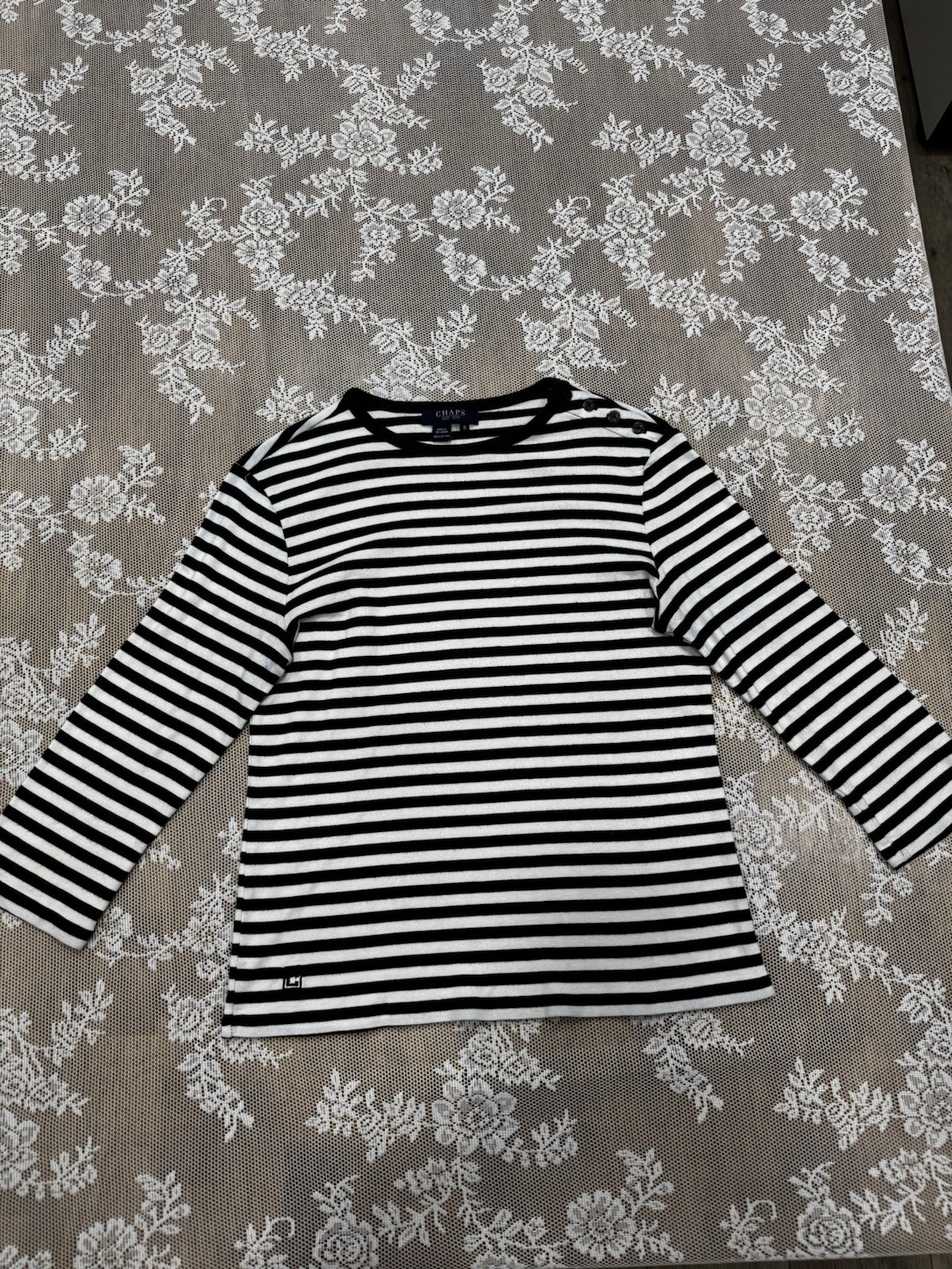 Chaps Black/White Striped Knit Crew Neck 3/4 Sleeve T-Shirt Women’s S