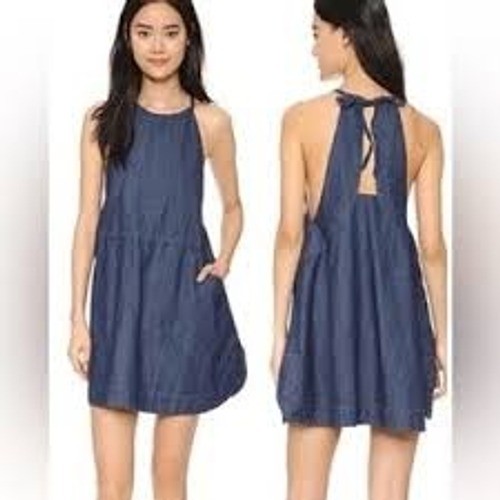Free People Denim Halter Babydoll Mini Dress Dark Wash Open Back Blue S