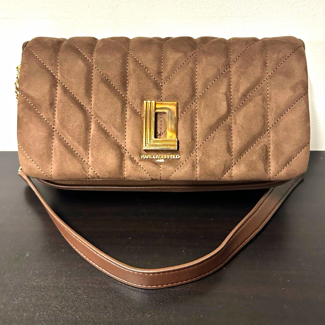 KARL LAGERFELD Small Brown Quilted Crossbody Bag Chain Strap Gold Hardware