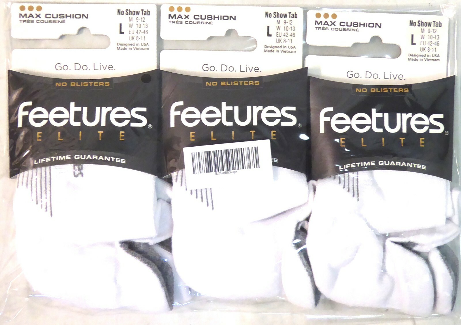 3 x Feetures Elite Max Cushion No Show Tab White Large
