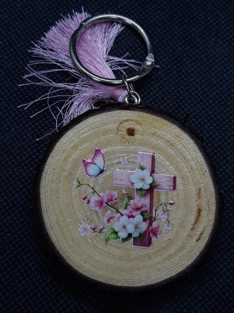 Handmade Flowers Butterfly Cross Wood Round Keychain Tag Religious Unique