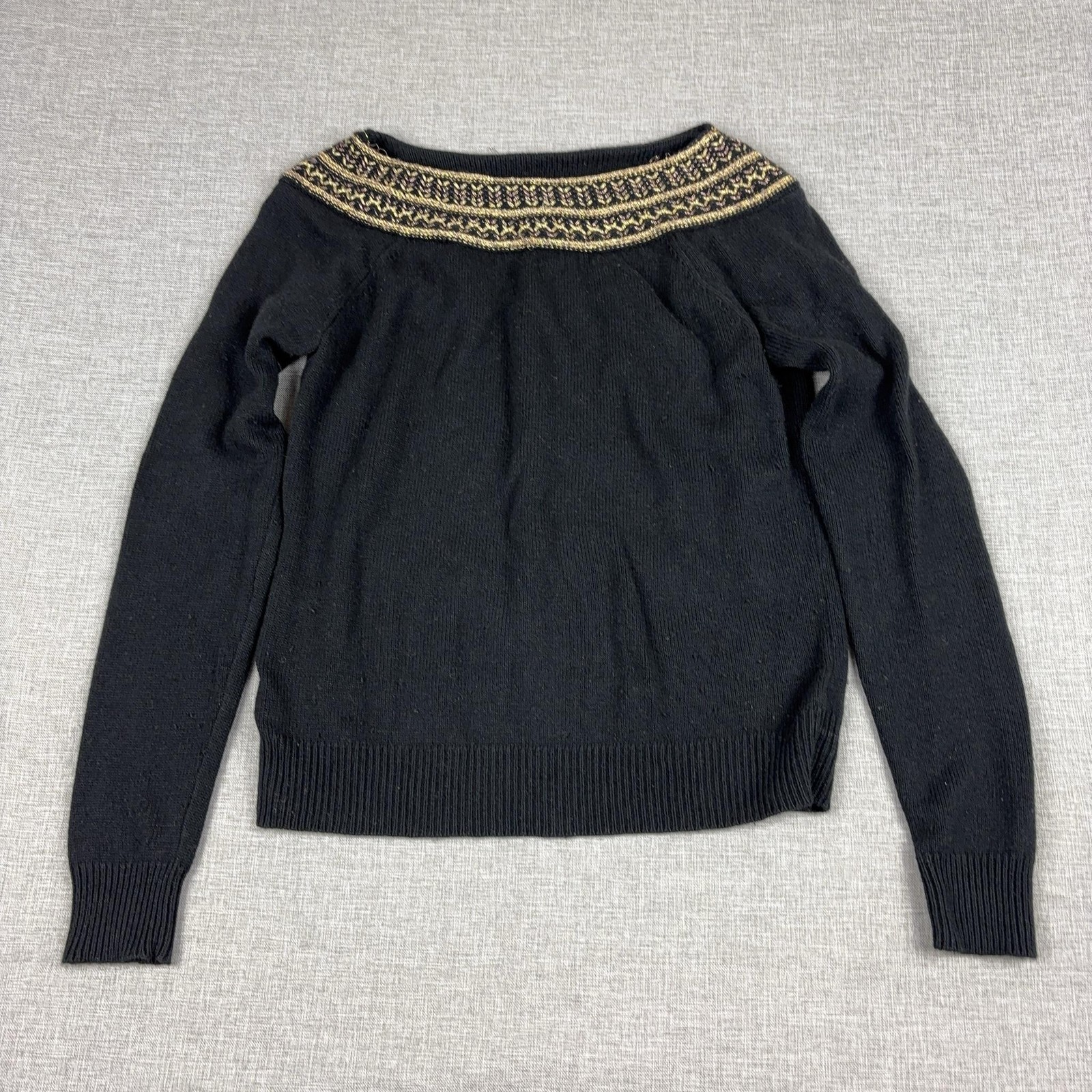 Lauren Ralph Lauren Sweater Womens M Black Silk Cashmere Boat Neck Fair Isle
