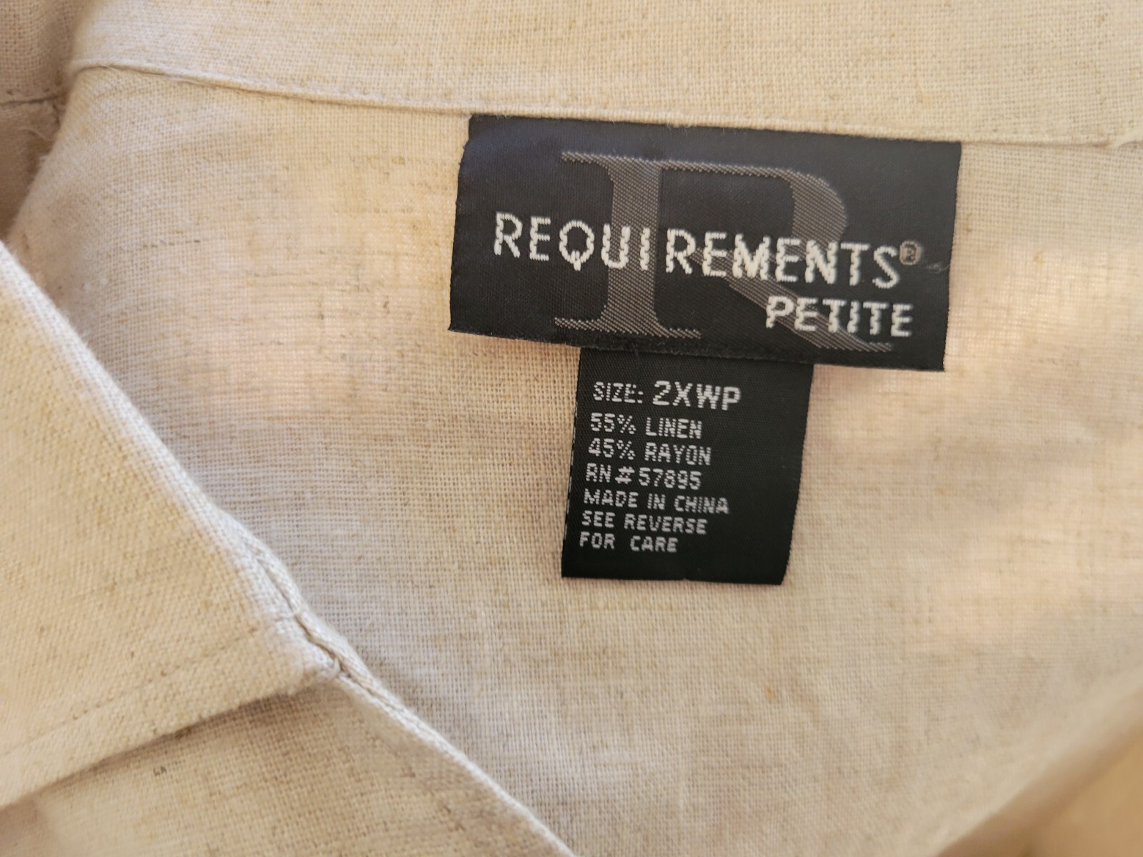 Requirements Petite 2XWP Shirt Blouse Beaded Embroidered Linen Rayon Roll Tab