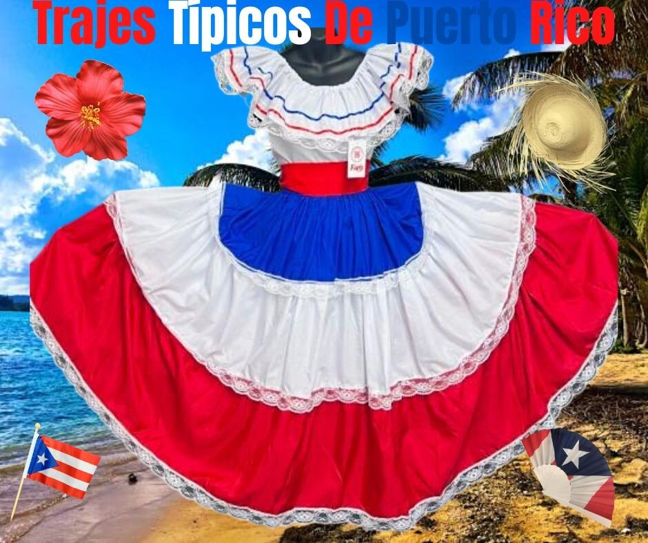 Caribe Typical 3 P/C Set Flag Color Skirt Set, Ropa Tipica Del Caribe. (3 Piece)