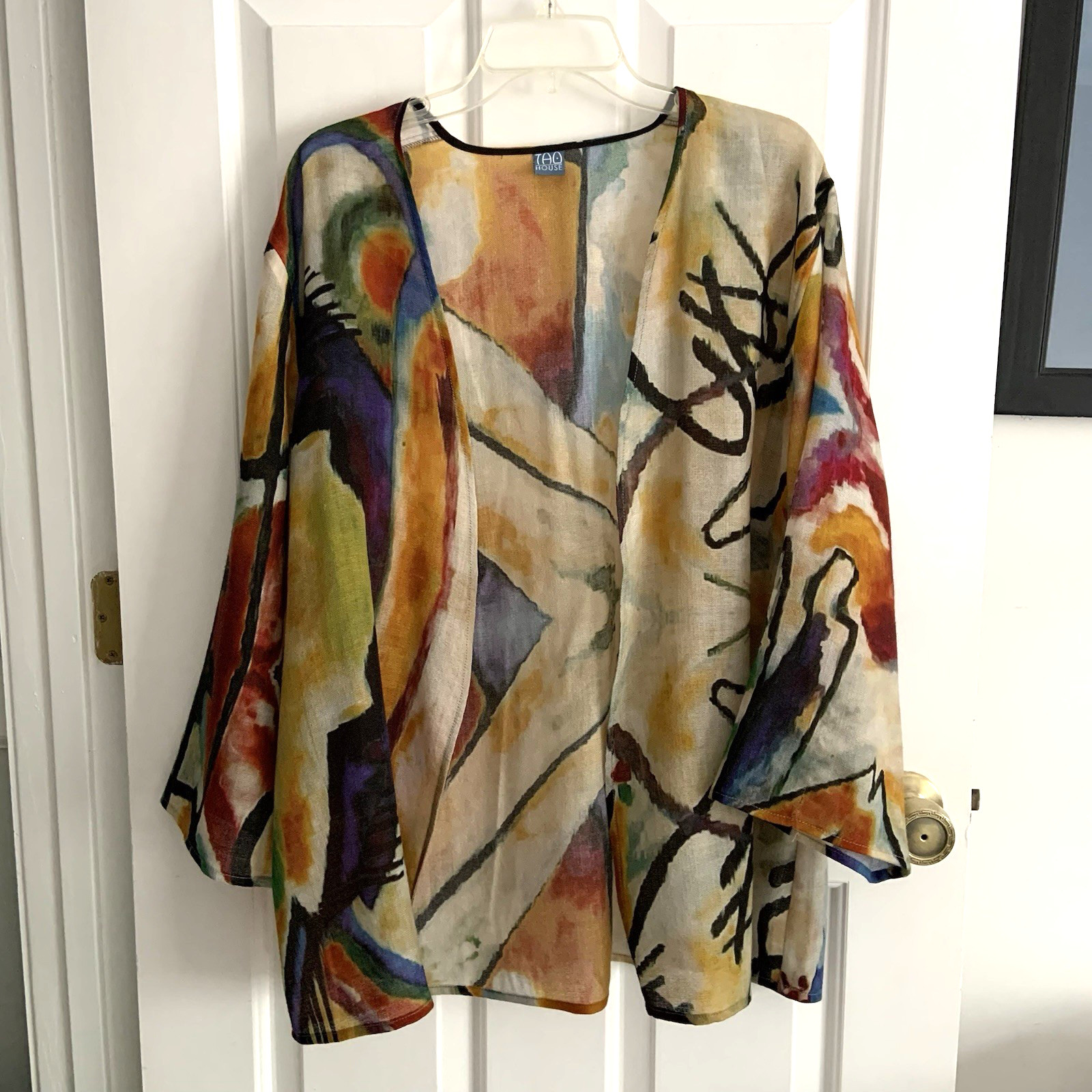 Tao House Open Cardigan 100% Sheer Wool L/XL Hand Printed Abstract *Sm FLAW