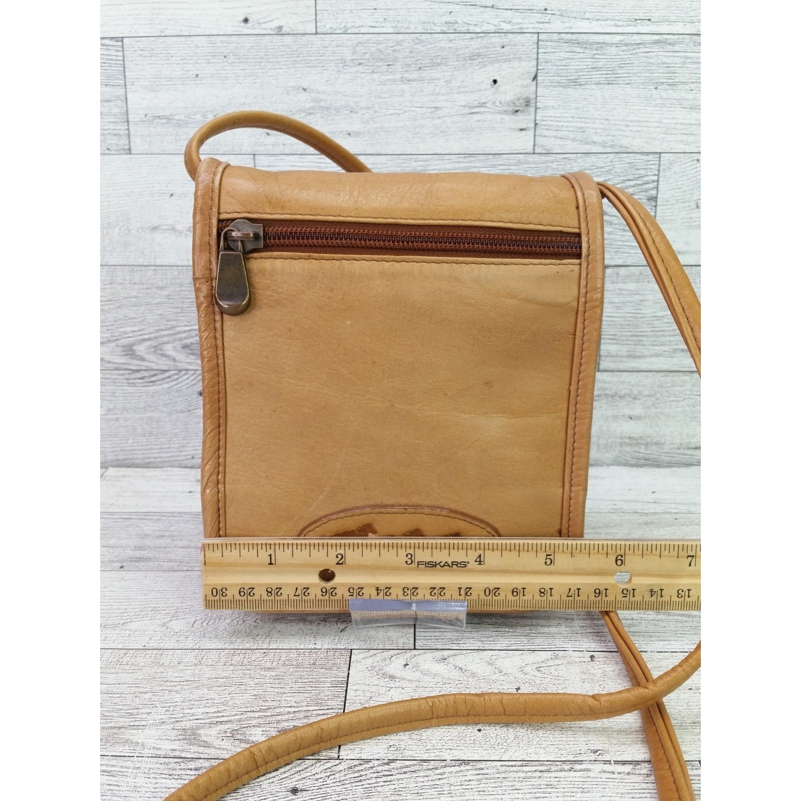Le Donne Leather Simple Flap Over Crossbody Bag Tan Leather Horses Western