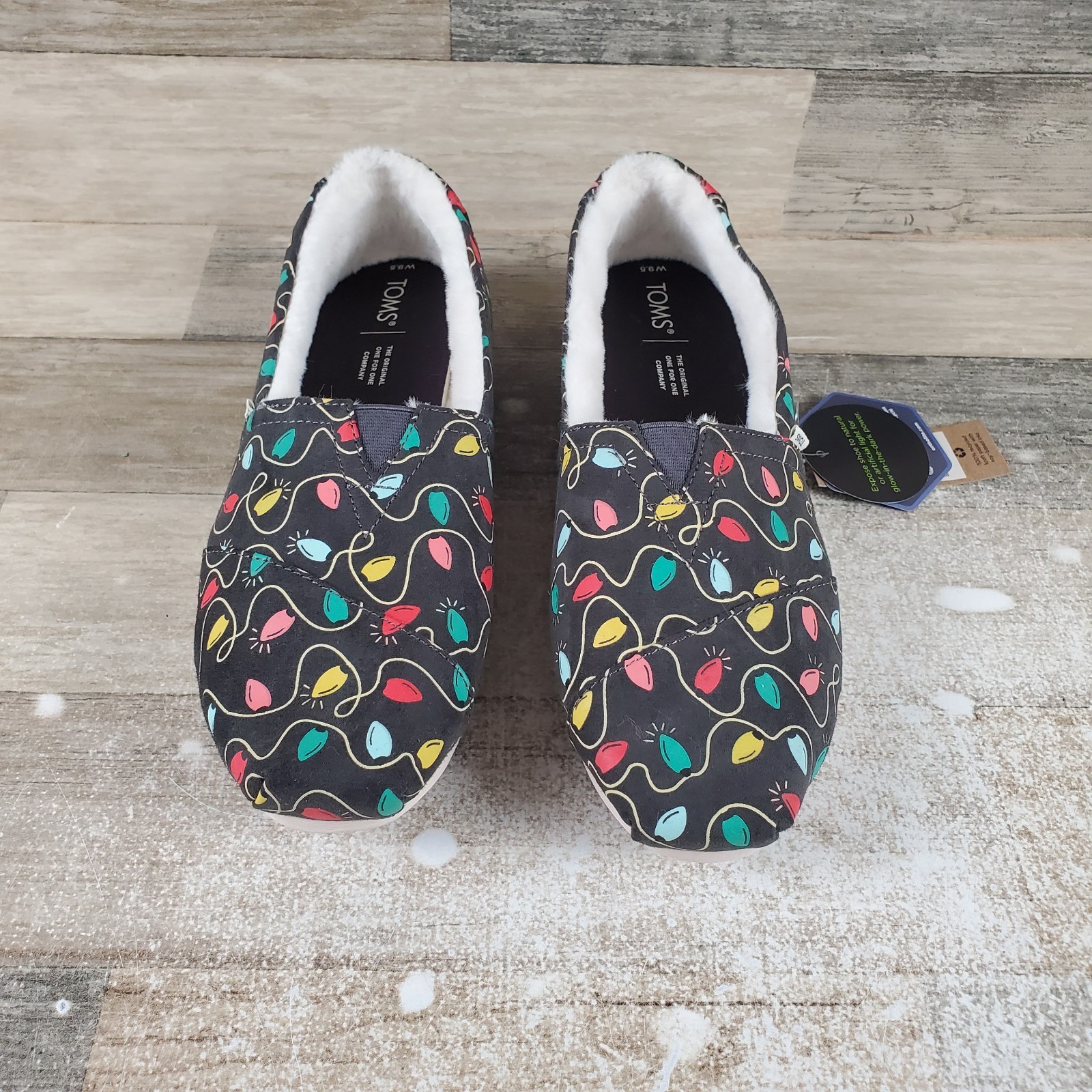 Toms Alpargata Womens Flat Shoes 9.5 Black Forged Iron Tree Lights Print Slip On