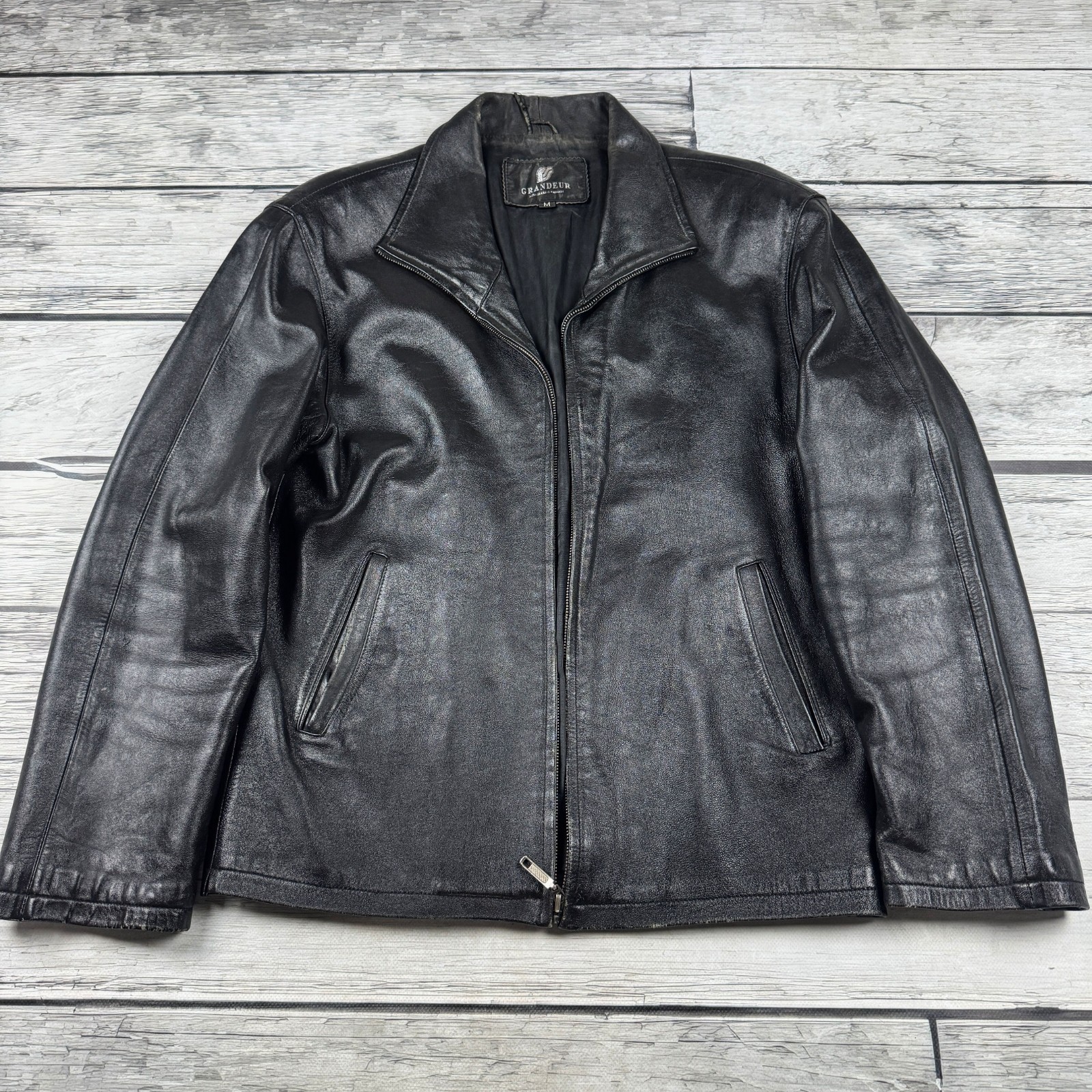 Grandeur Vintage Black Leather Jacket Minimalist Zip Up Classic Coat
