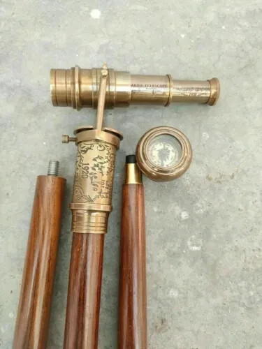 Brass Telescope Compass On Top Head Handle Wooden Walking Stick Cane Hidden Gift