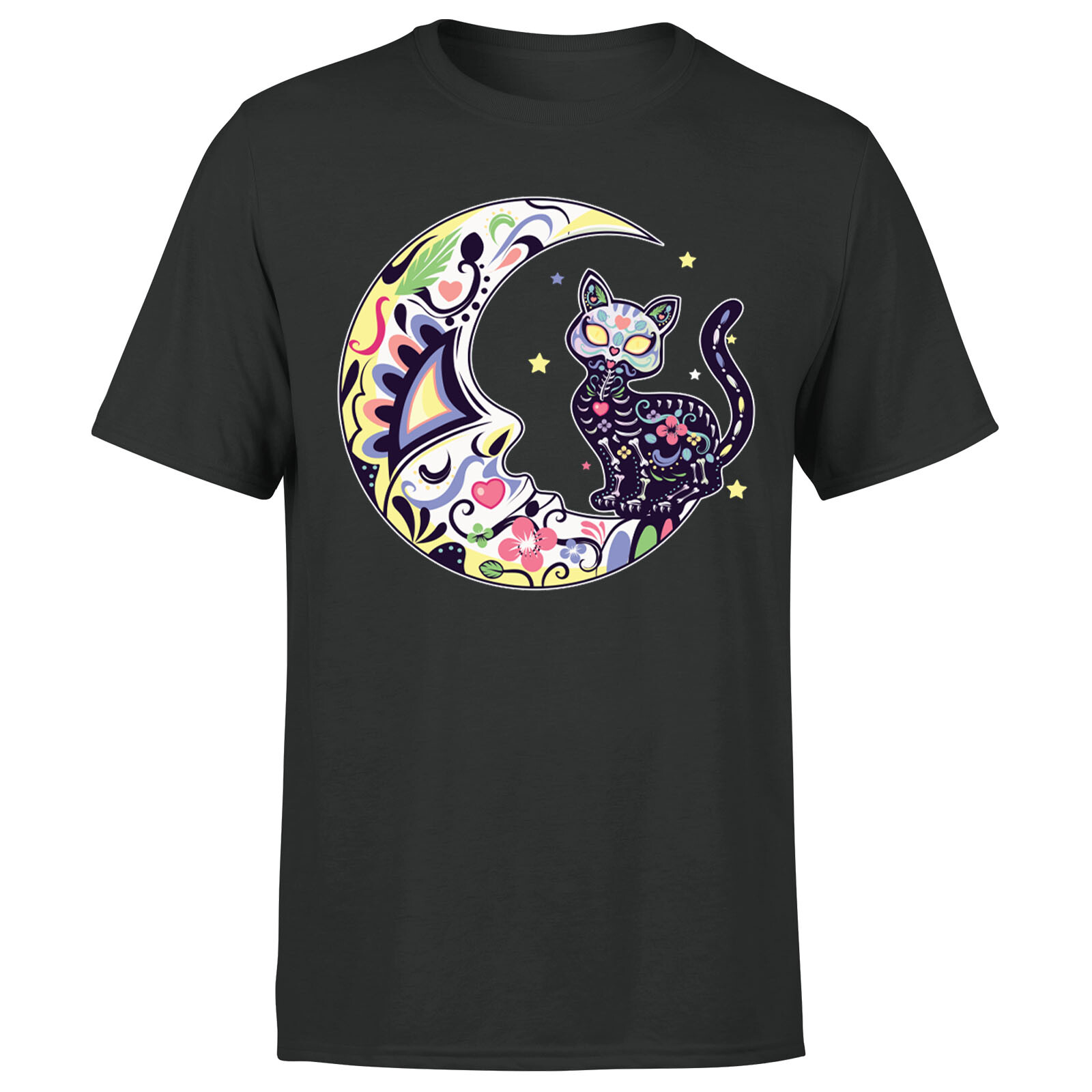 Cat And Moon Sugar Skull Dia De Day Of The Dead Tee Womens T-Shirt#P1#OR#A