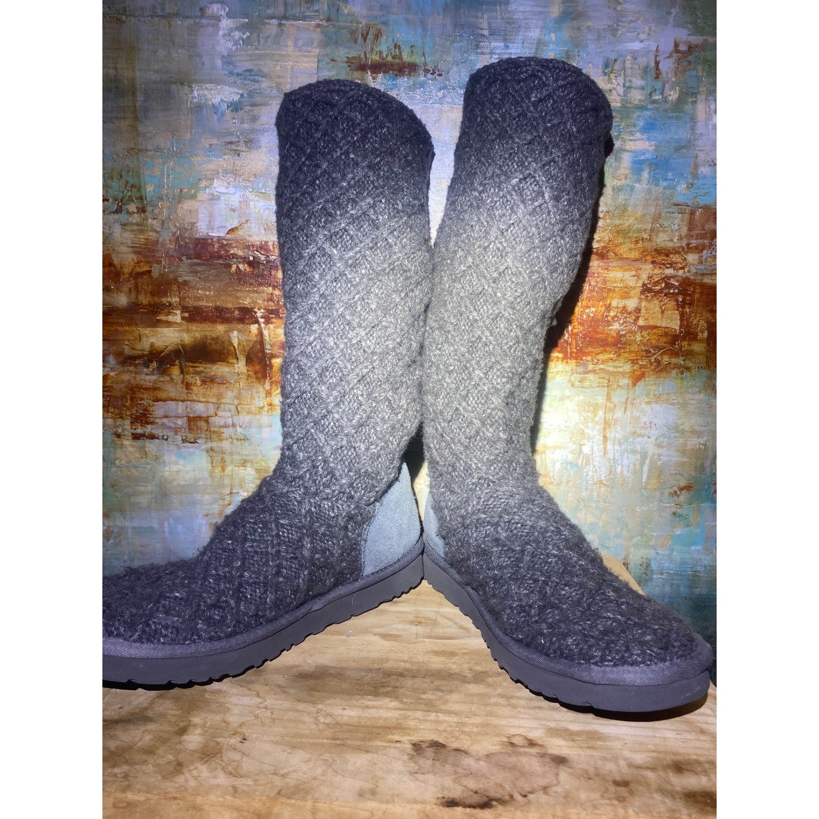 UGG Australia Lattice Cardy 3066 Charcoal Grey Knit Tall Button Boots Womens 10