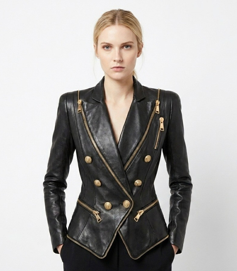Women,s Black Genuine Leather Military Style Blazer Jacket Double Breasted Coat.
