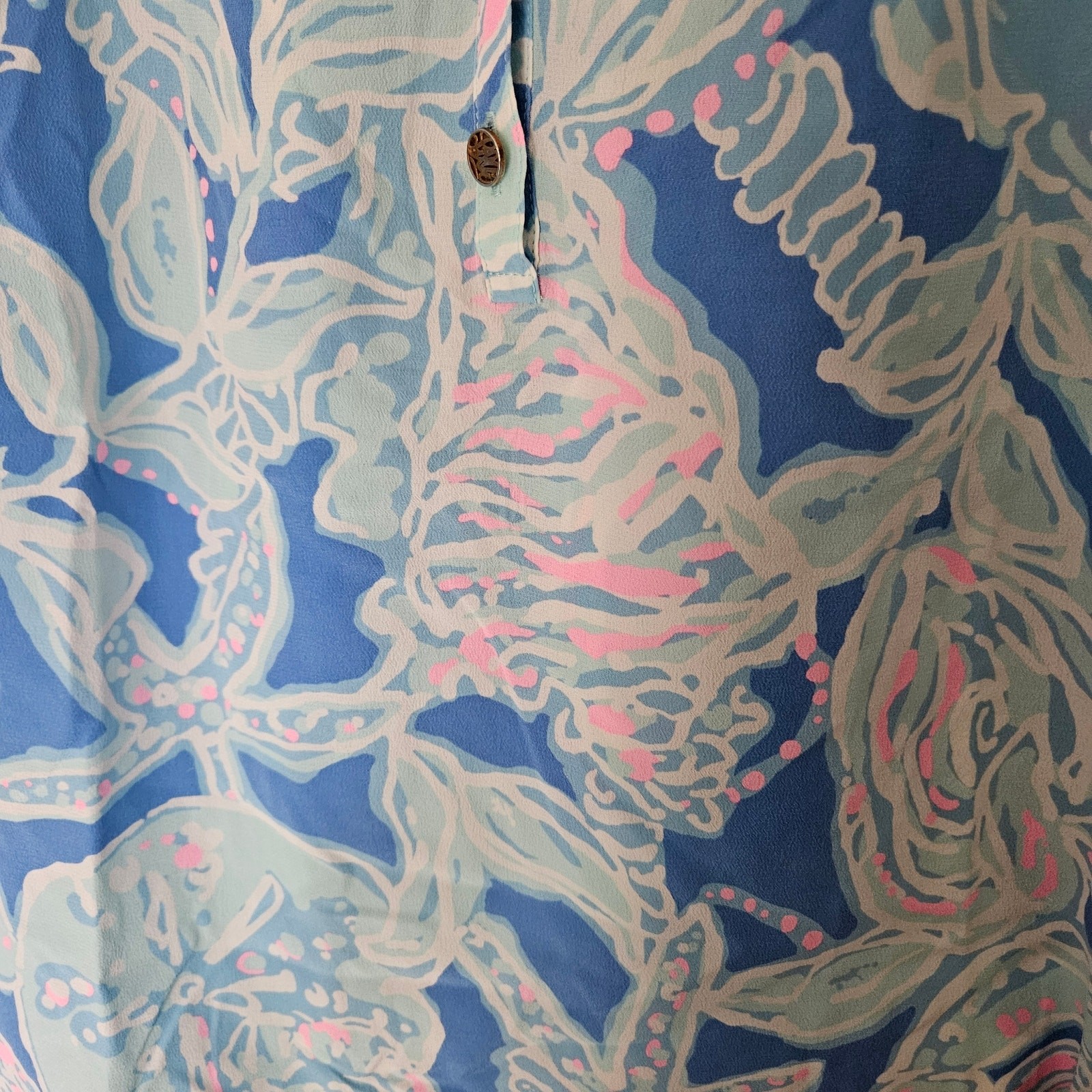 Lilly Pulitzer 100% Silk Elsa Nautical Print Blouse Seahorse Starfish Blue XXS